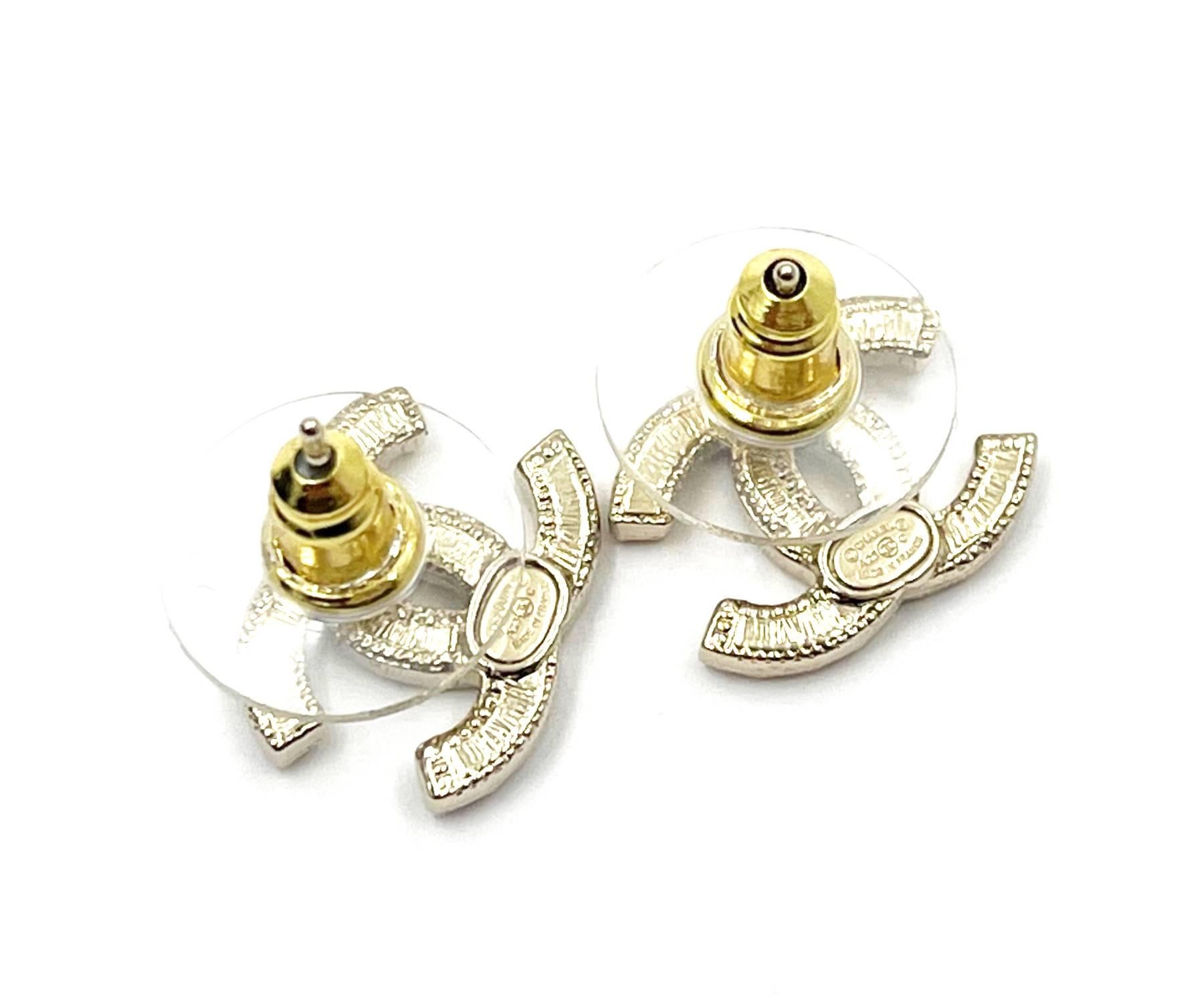 Chanel Brand New Gold CC Yellow Pink Blue Asymmetrical Crystal Piercing  Earrings