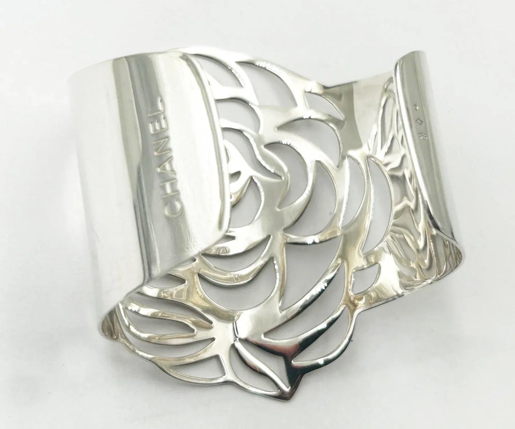 Chanel Rare 925 Solid Silver Camellia Cutout Bangle Cuff Bracelet 