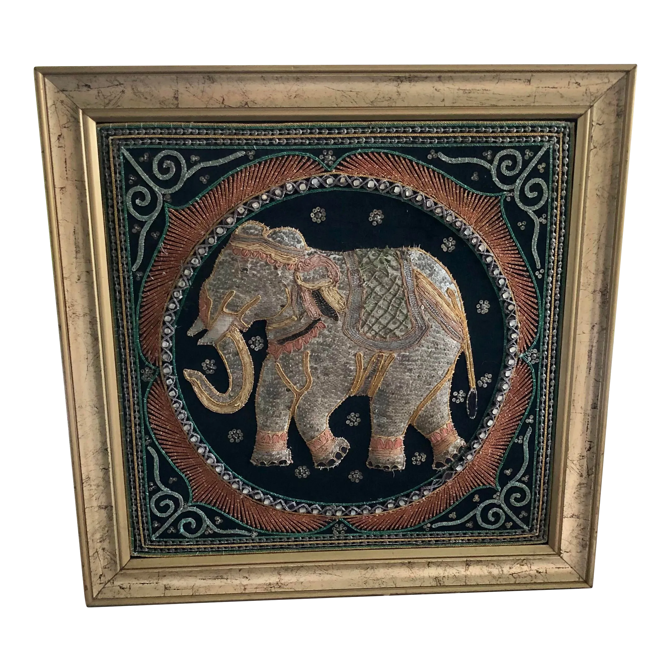 1960s Burmese Elephant Kalaga Tapestry-Framed