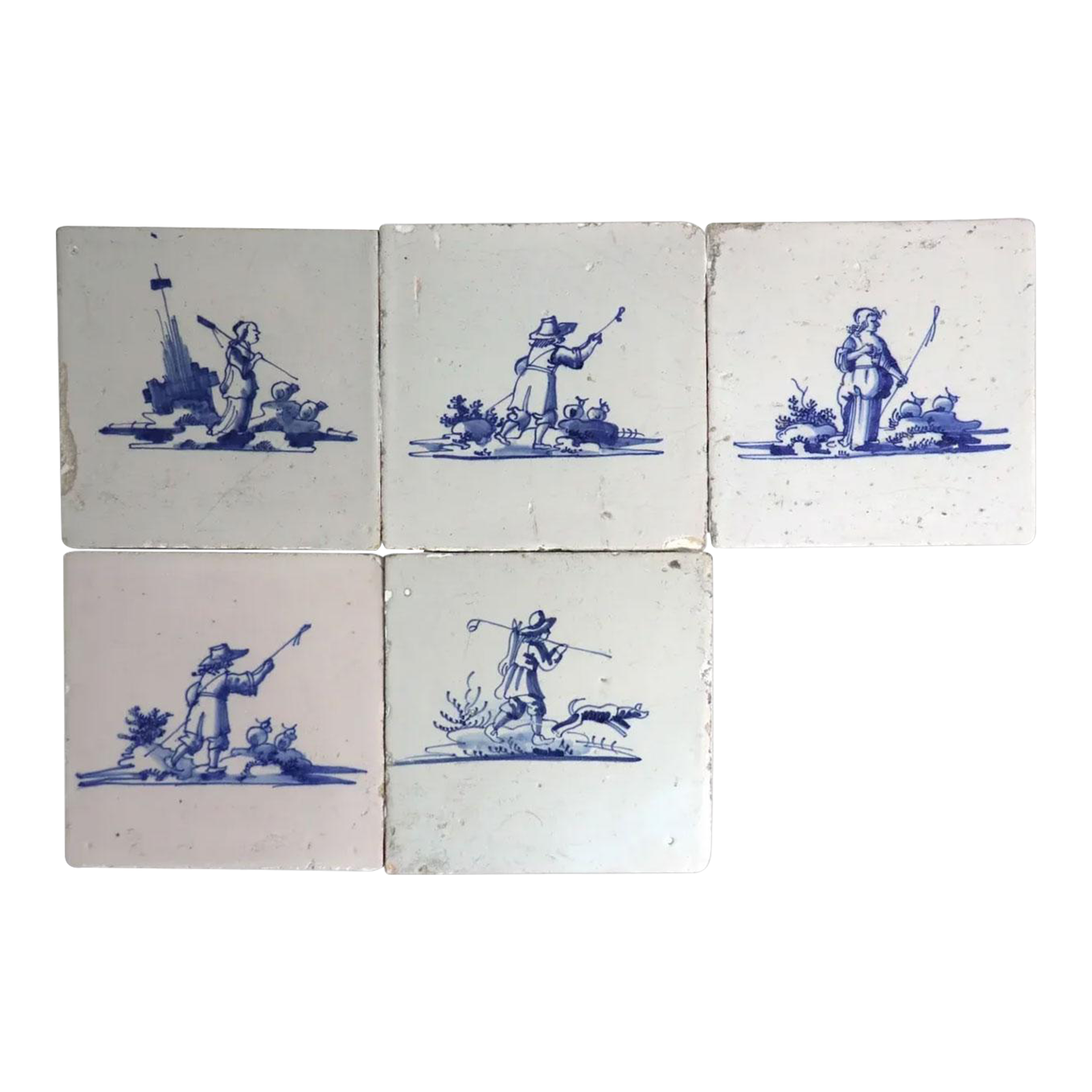 Set of Five 19th Century Dutch Delft Blue and White Pottery Square