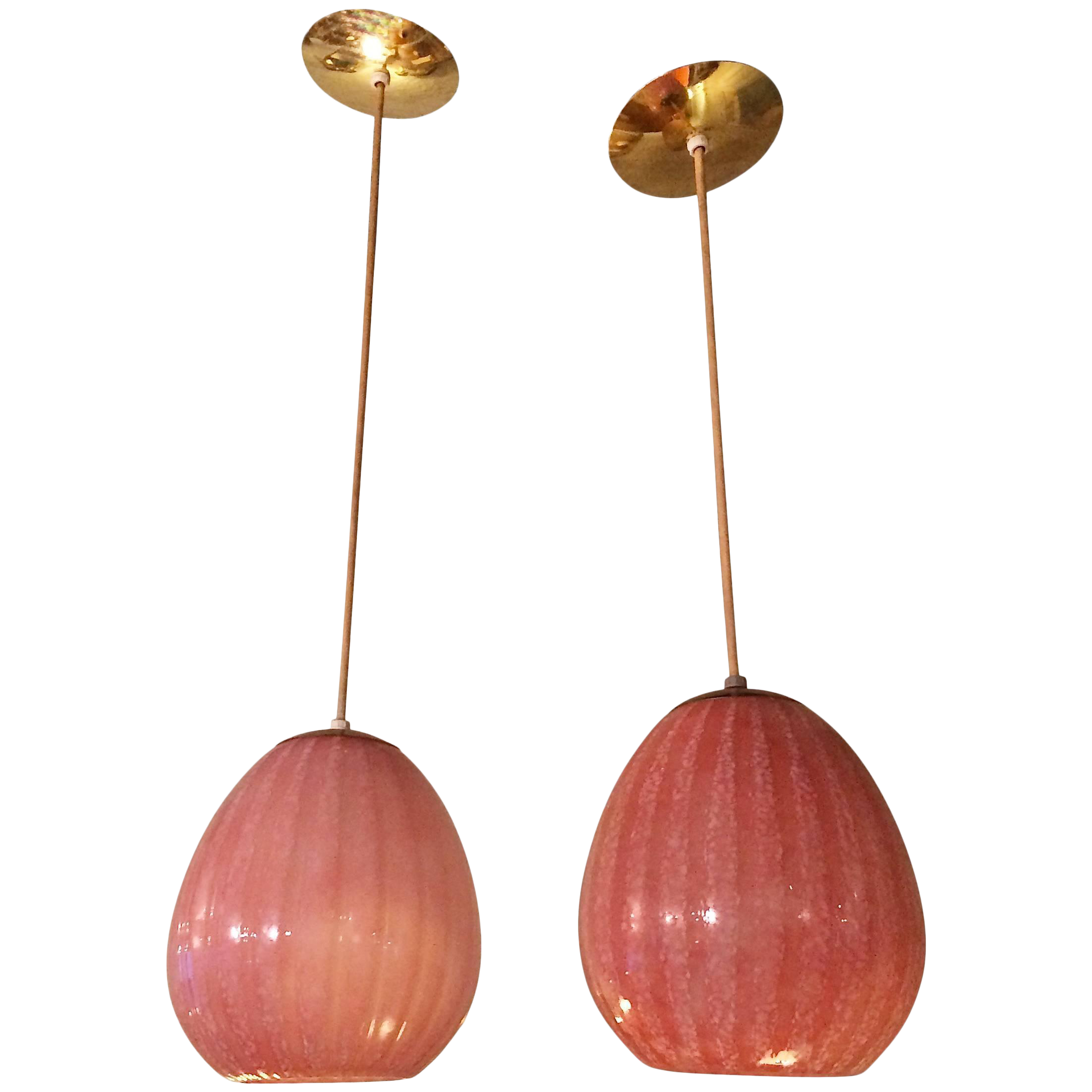 Hollywood Regency Pink And Brass Blown Glass Pendant Lights A
