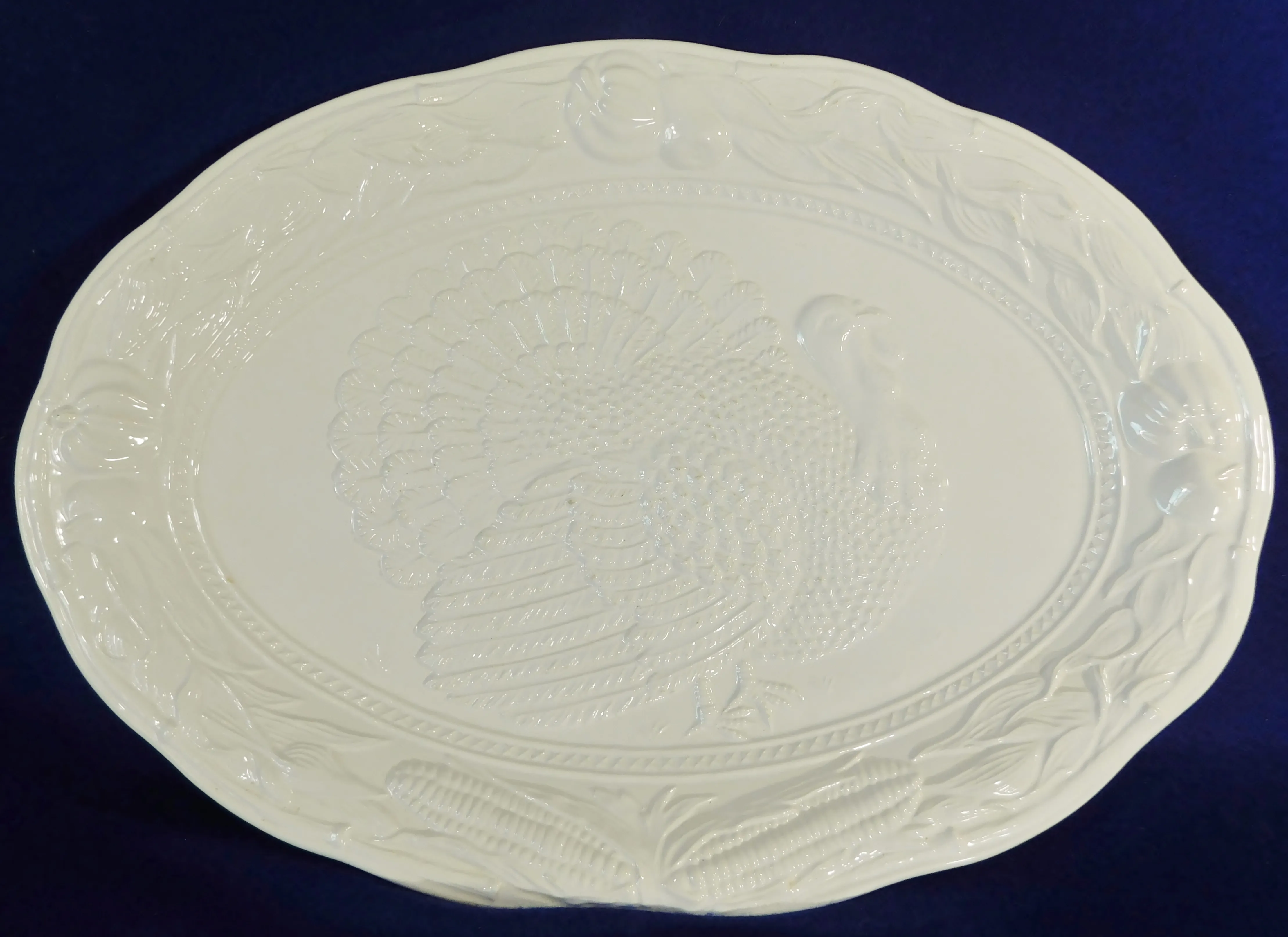 Large Vintage Santos Portugal White Glazed Ceramic Embossed Turkey