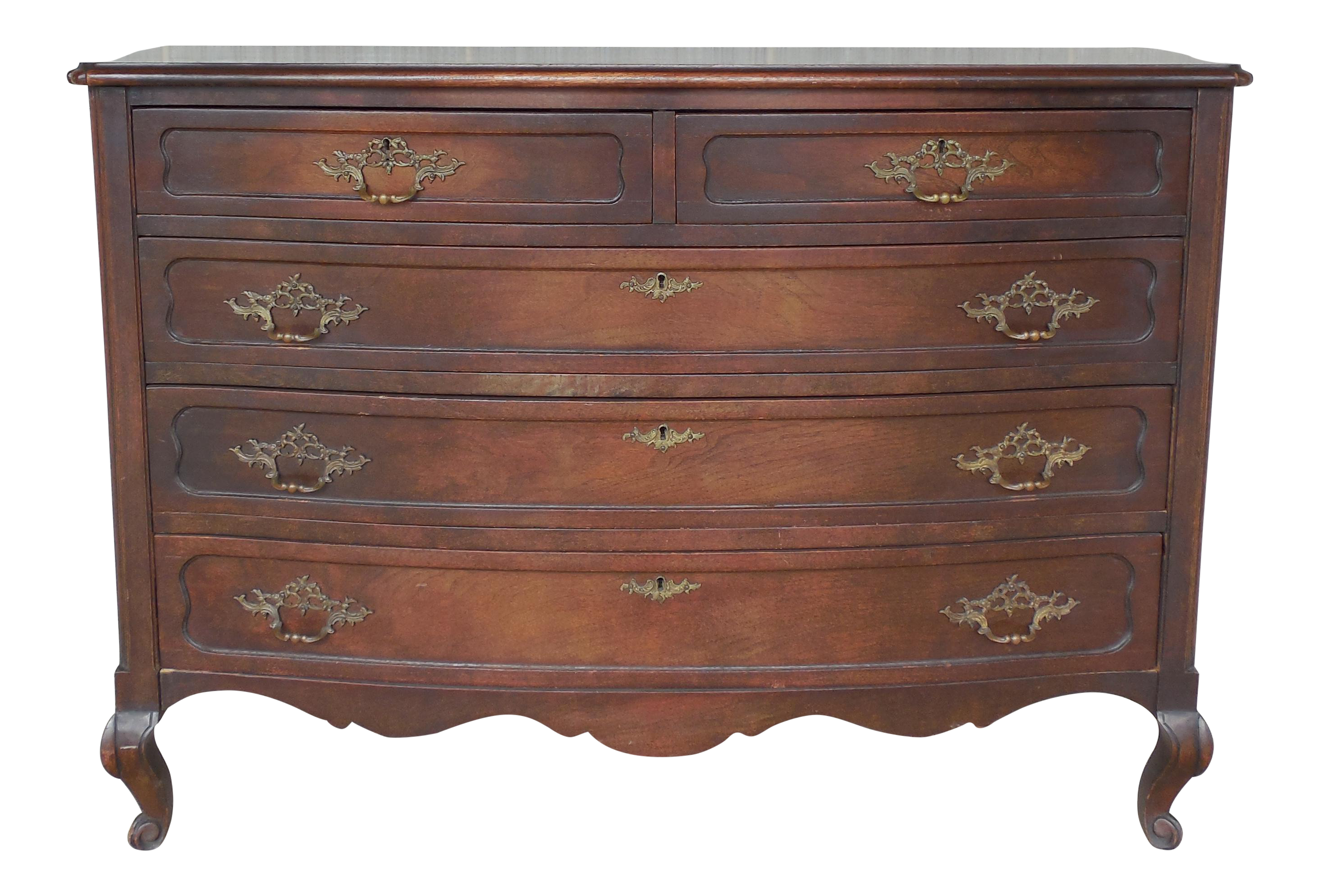 Antique Vintage Walnut French Louis Xv Style 5 Drawer Commode