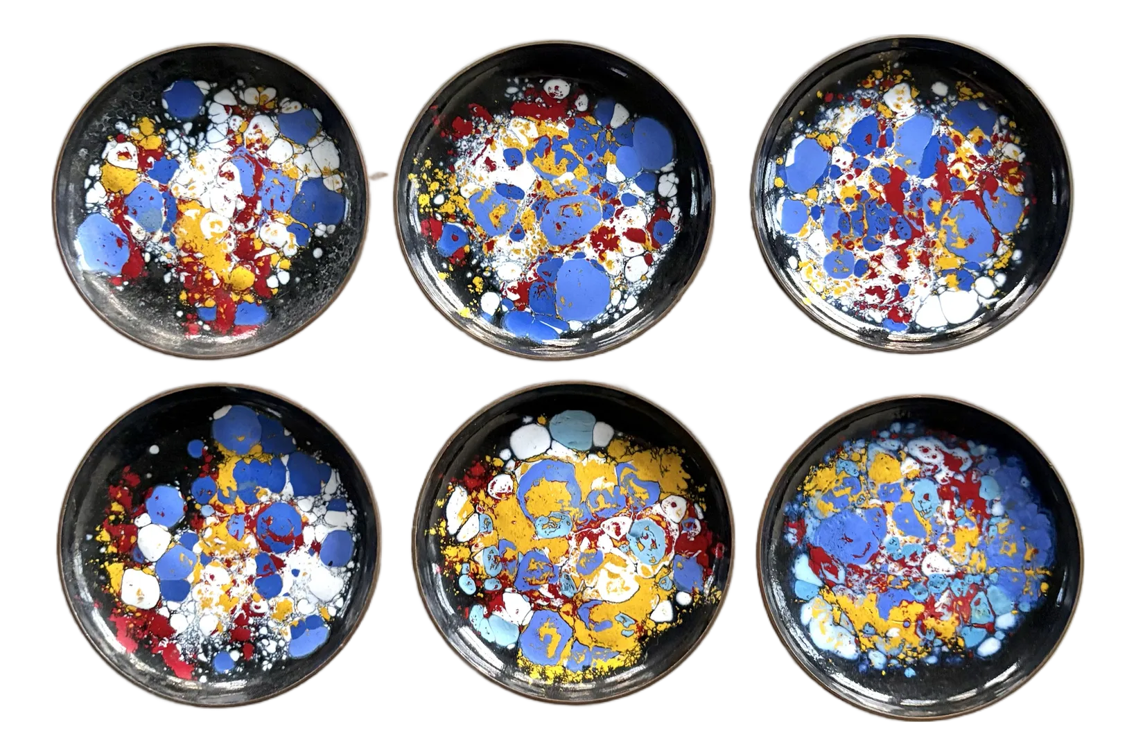 1970s MCM Copper With Enamel Painted Design Coasters, Set of 6