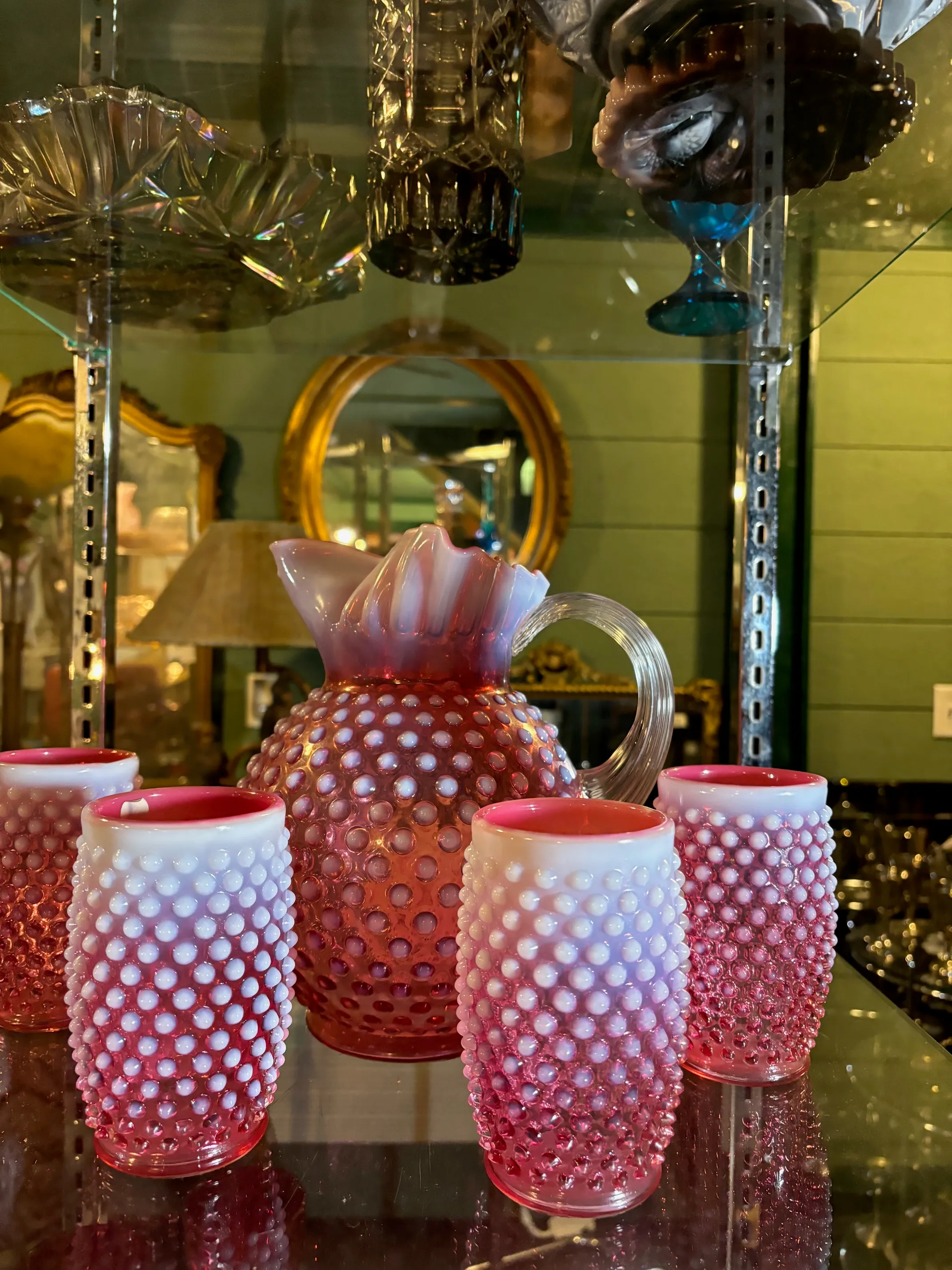 Vintage Fenton Pink & White Hobnob Pitcher & Glass Set- 5 Pieces