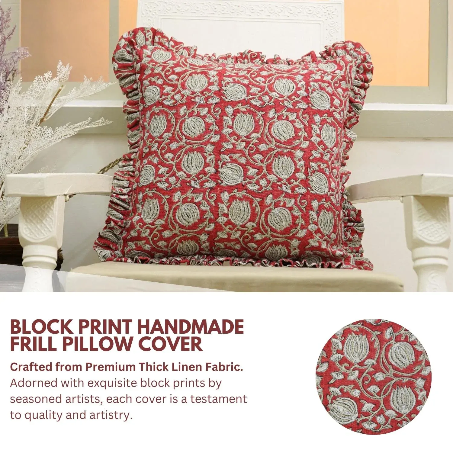 Fabdivine Handmade Block Printed Frill Cushion Cover 12x20 Inch