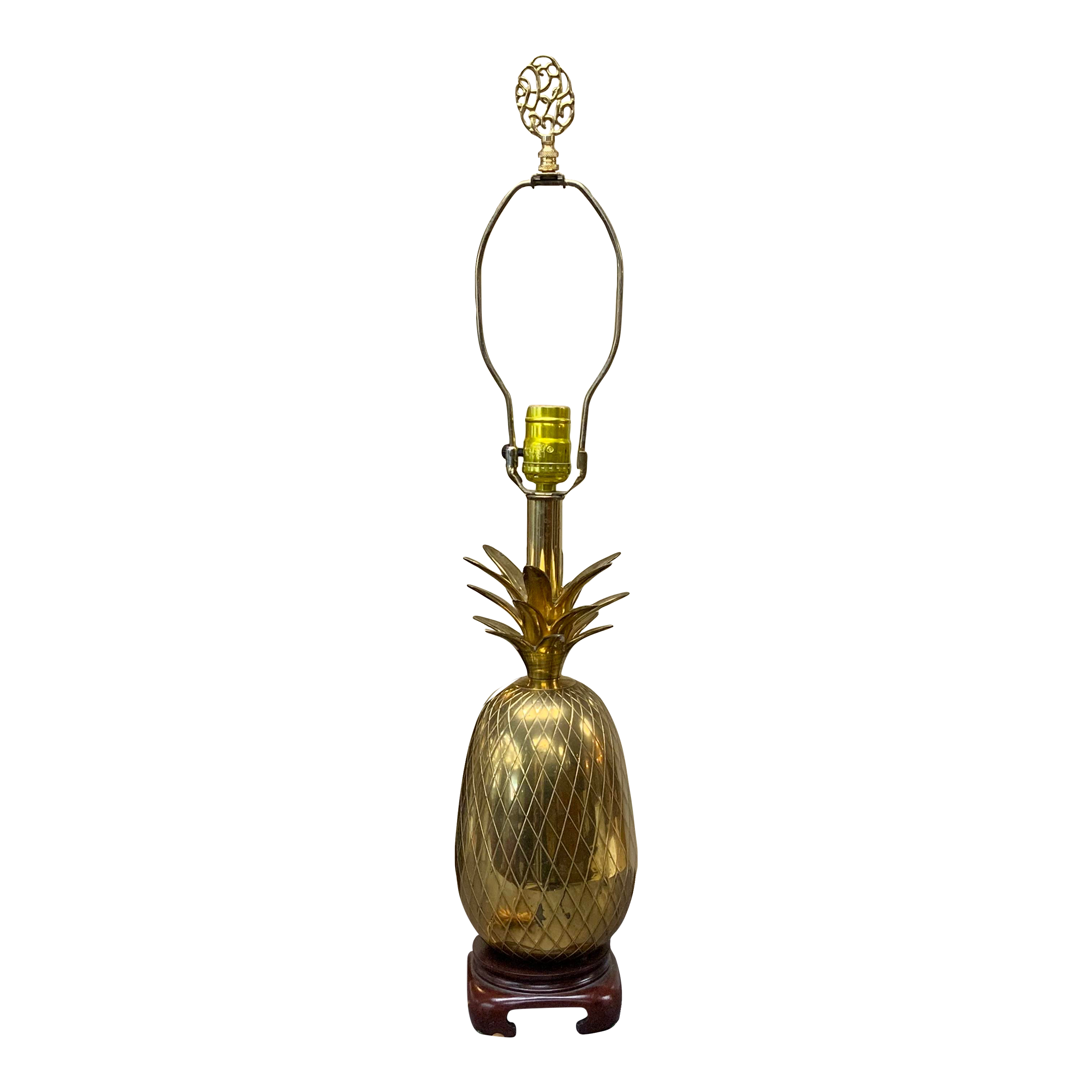 1970s Brass Pineapple Lamp with Wooden Base | Chairish