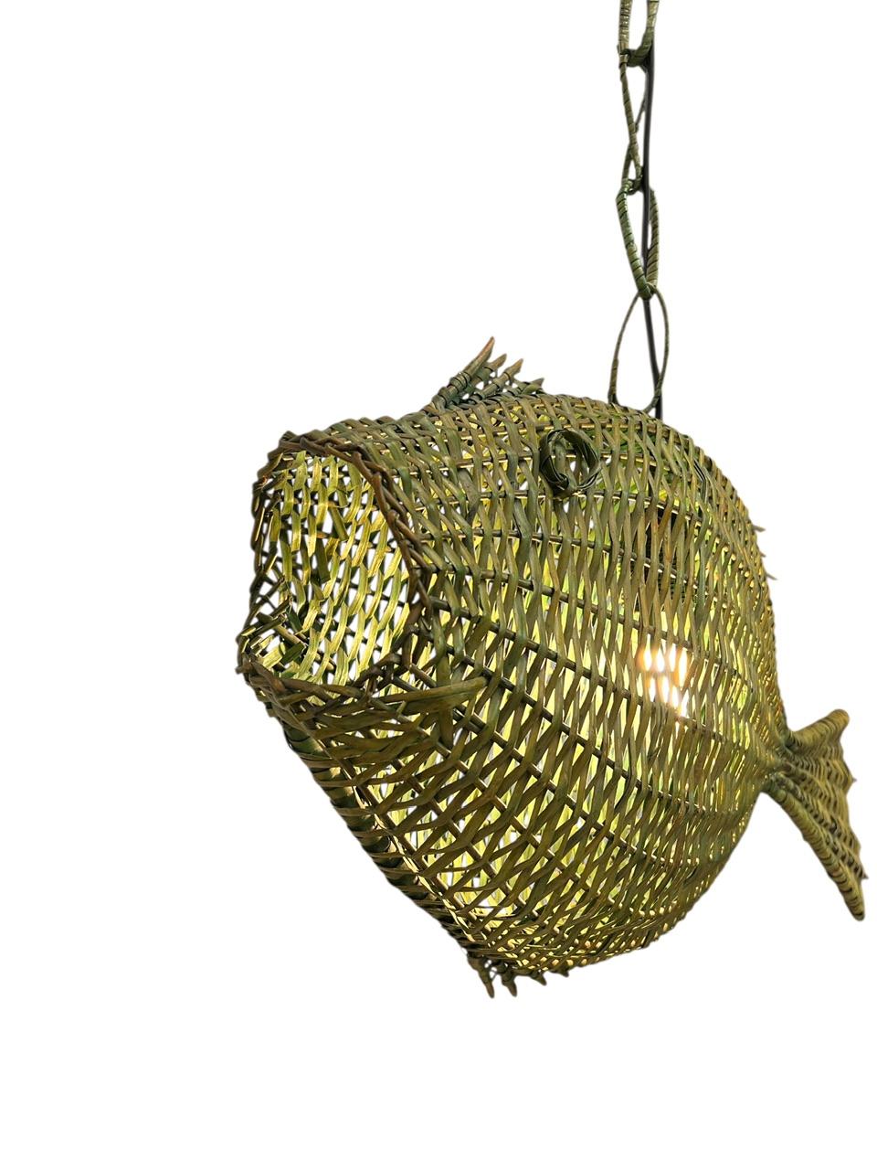 Mid-Century Modern Fish Wicker Rattan Pendant Lamp, 1960s