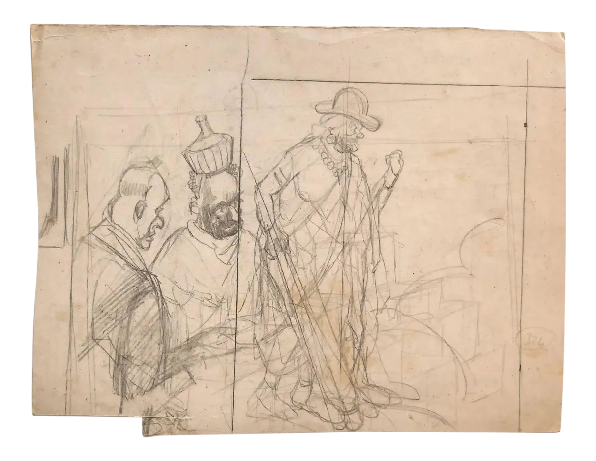 Figures - Pencil Drawing by Gabriele Galantara - Early 20th Century Early 20th Century