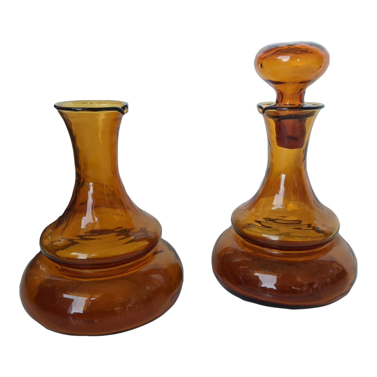 Mid Century Modern Amber Glass Bulbous Decanter Oil and Vinegar Bottles