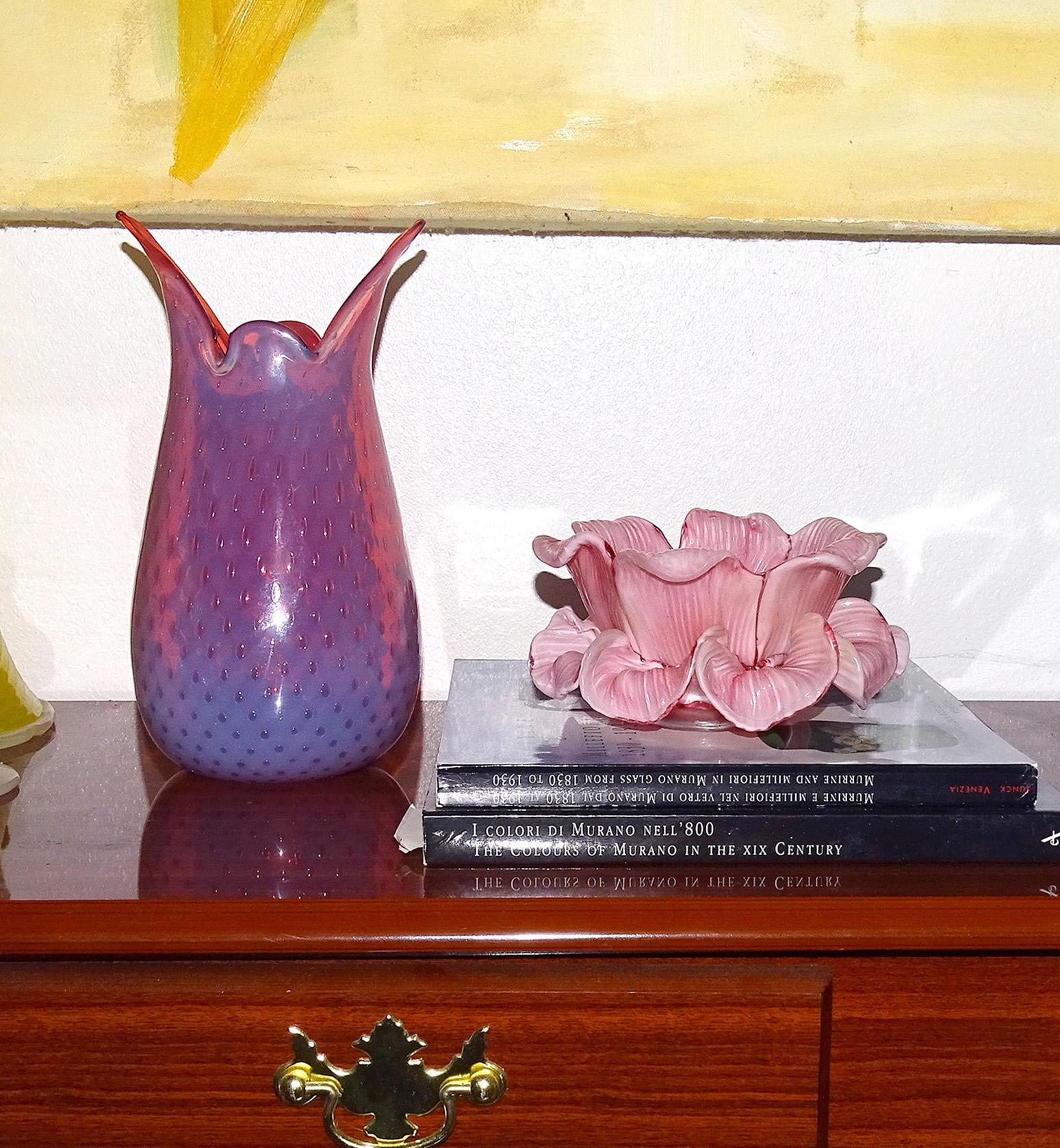 MURANO GLASS ムラノ 金彩 双耳 ホワイト レース ピンク 花器 Fratelli Toso Murano Vintage Pink White Mottled Double Flower