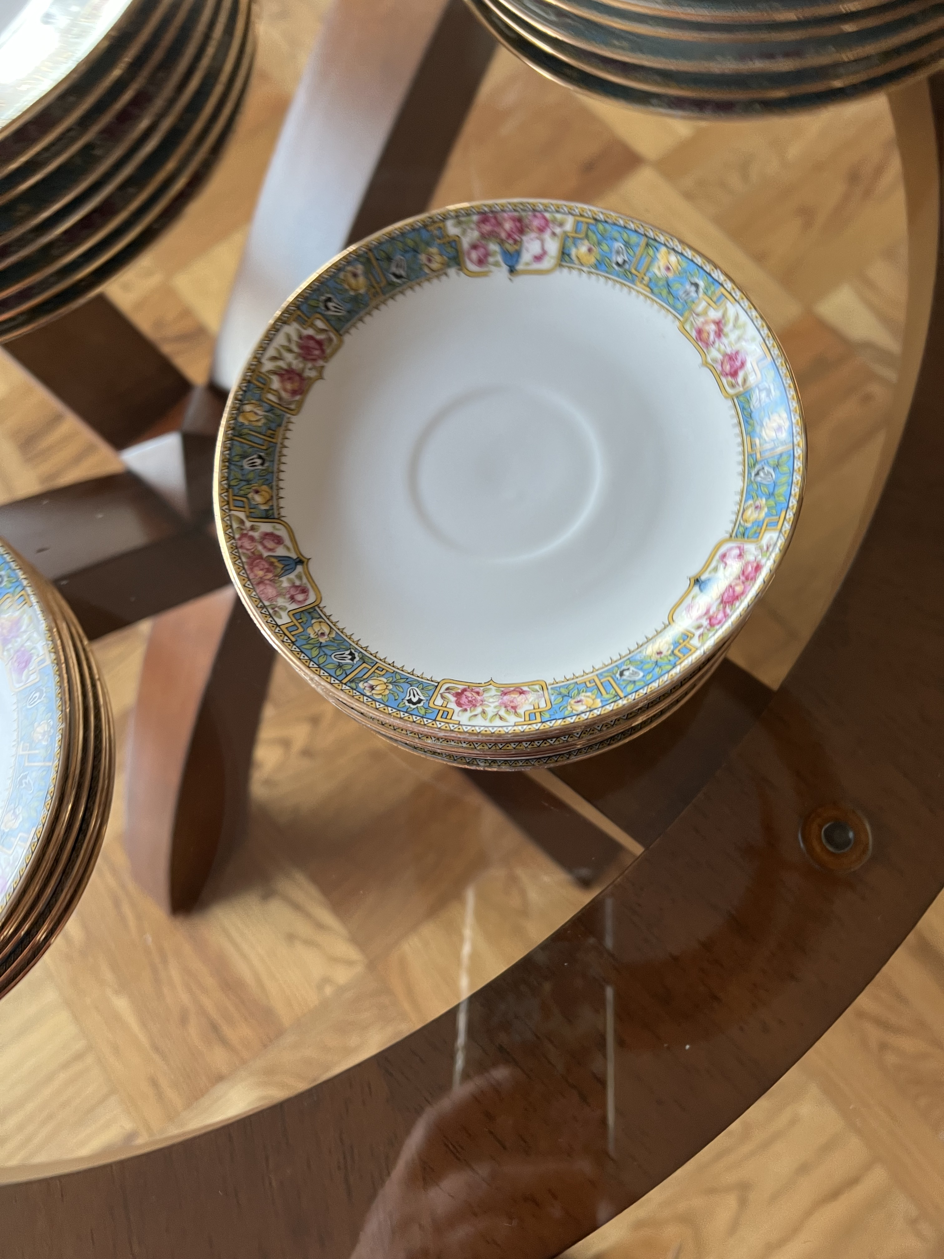 1920s Limoges France Mf Roses, Blue, Gold Rim Dinner Set & Serving