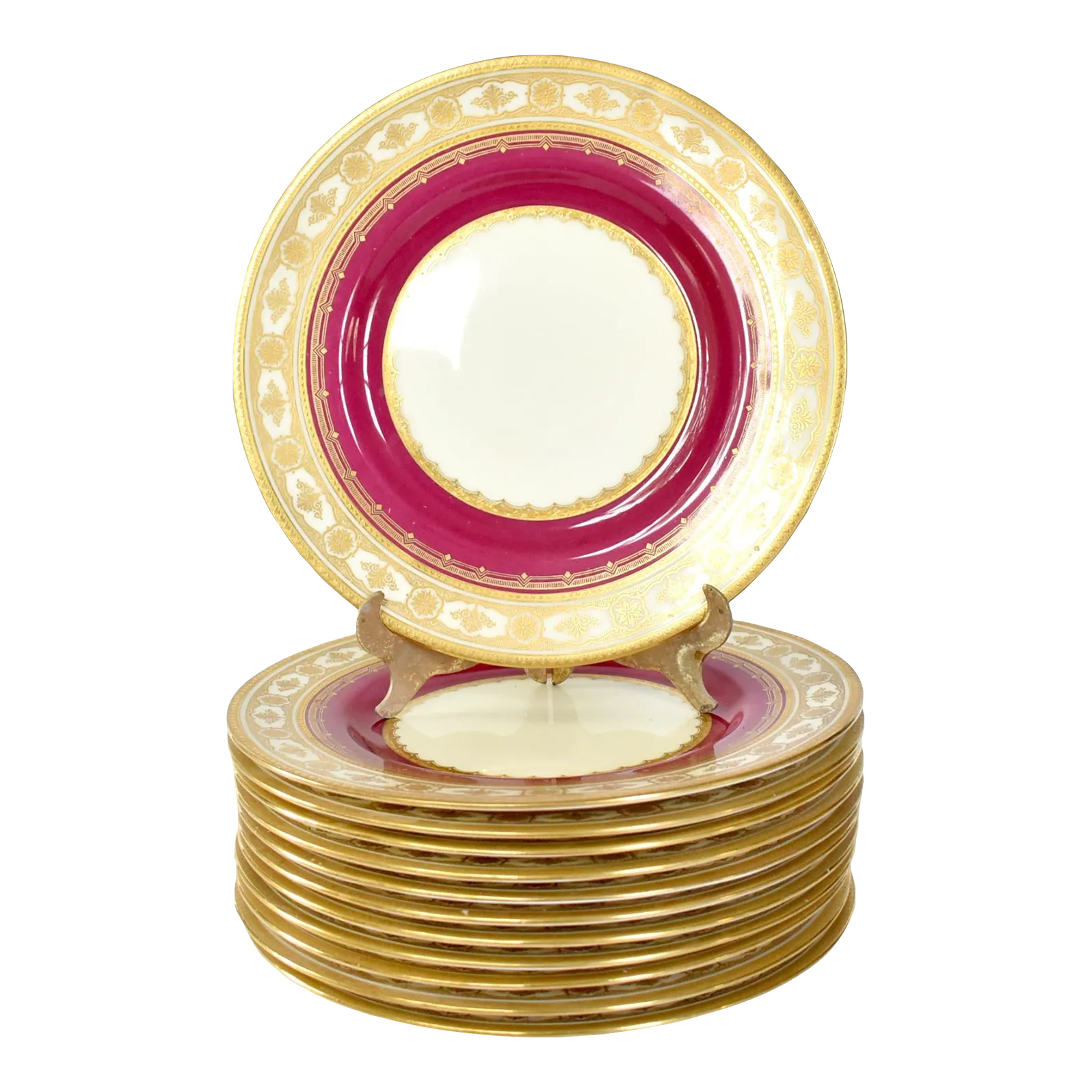 Set of 12 20thCentury English Mintons Magenta and Gold Dinner Plates
