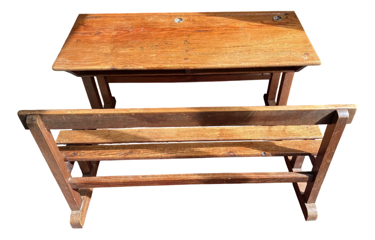 Vintage Wooden School Desk with Built-in Bench, 1950s