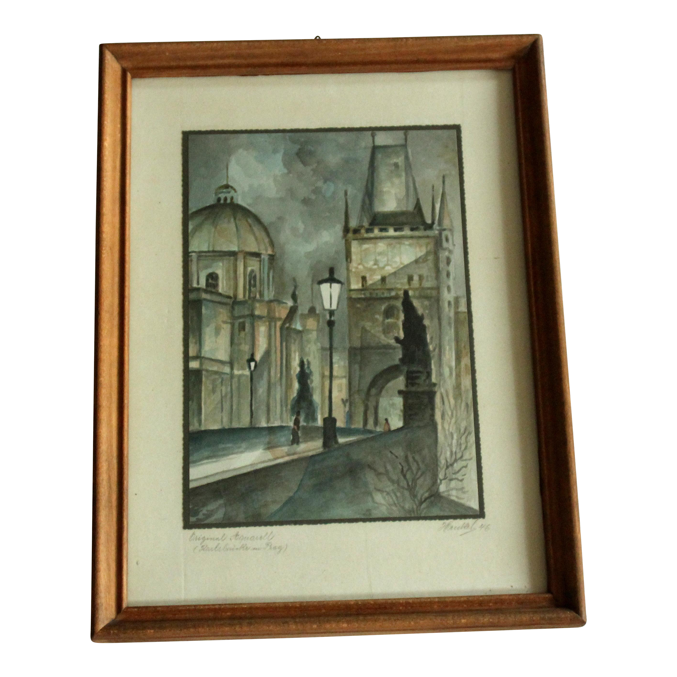 1946 - Original Watercolor Painting "Charles Bridge in Prague", Signed and Professionally Framed