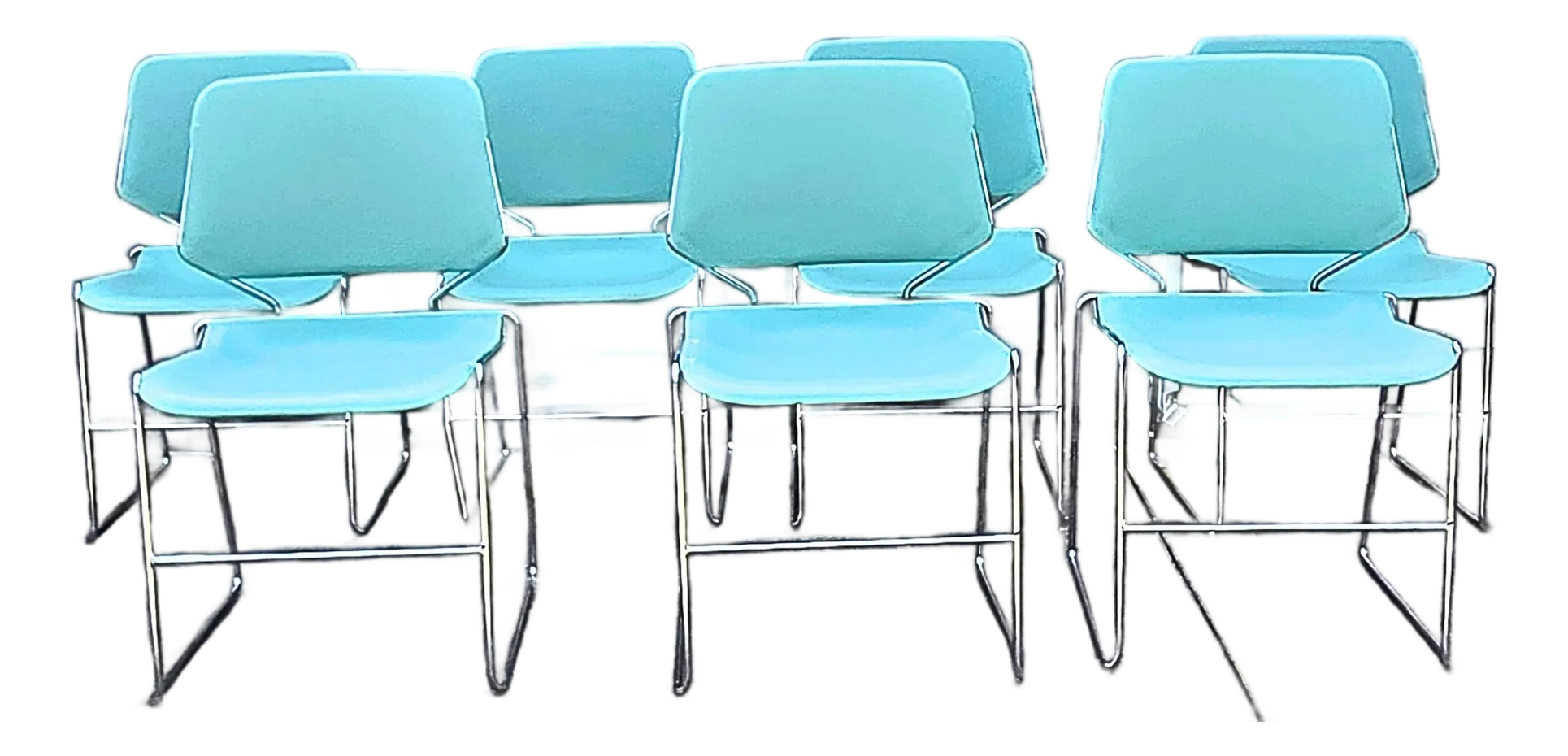 Aqua Mid-Century Chrome Stacking Chairs- Set of Seven