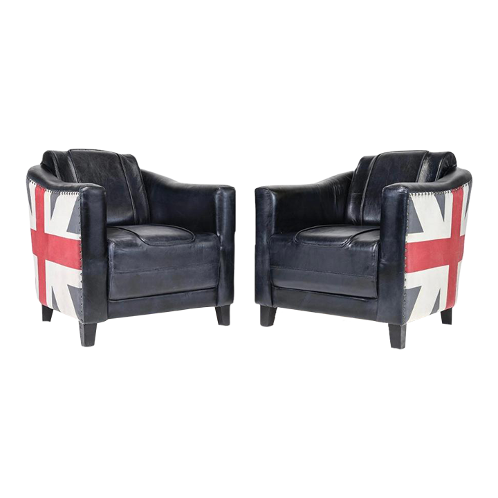 Art Deco Leather and Canvas Union Jack Club Chairs, Navy Blue a Pair