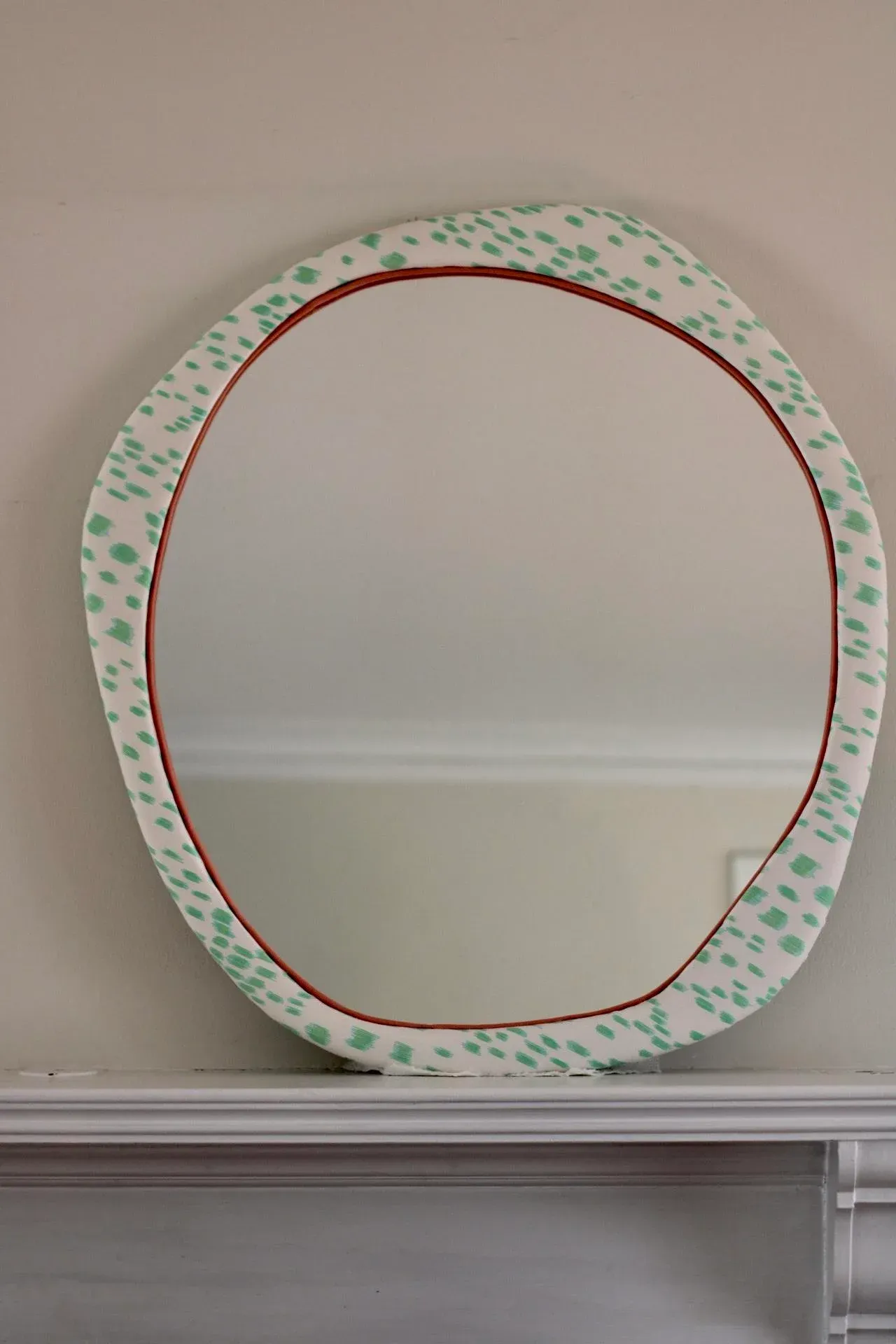 Custom Upholstered Brunschwig & Fils ‘Les Touches’ Mirror in Custom Colorway