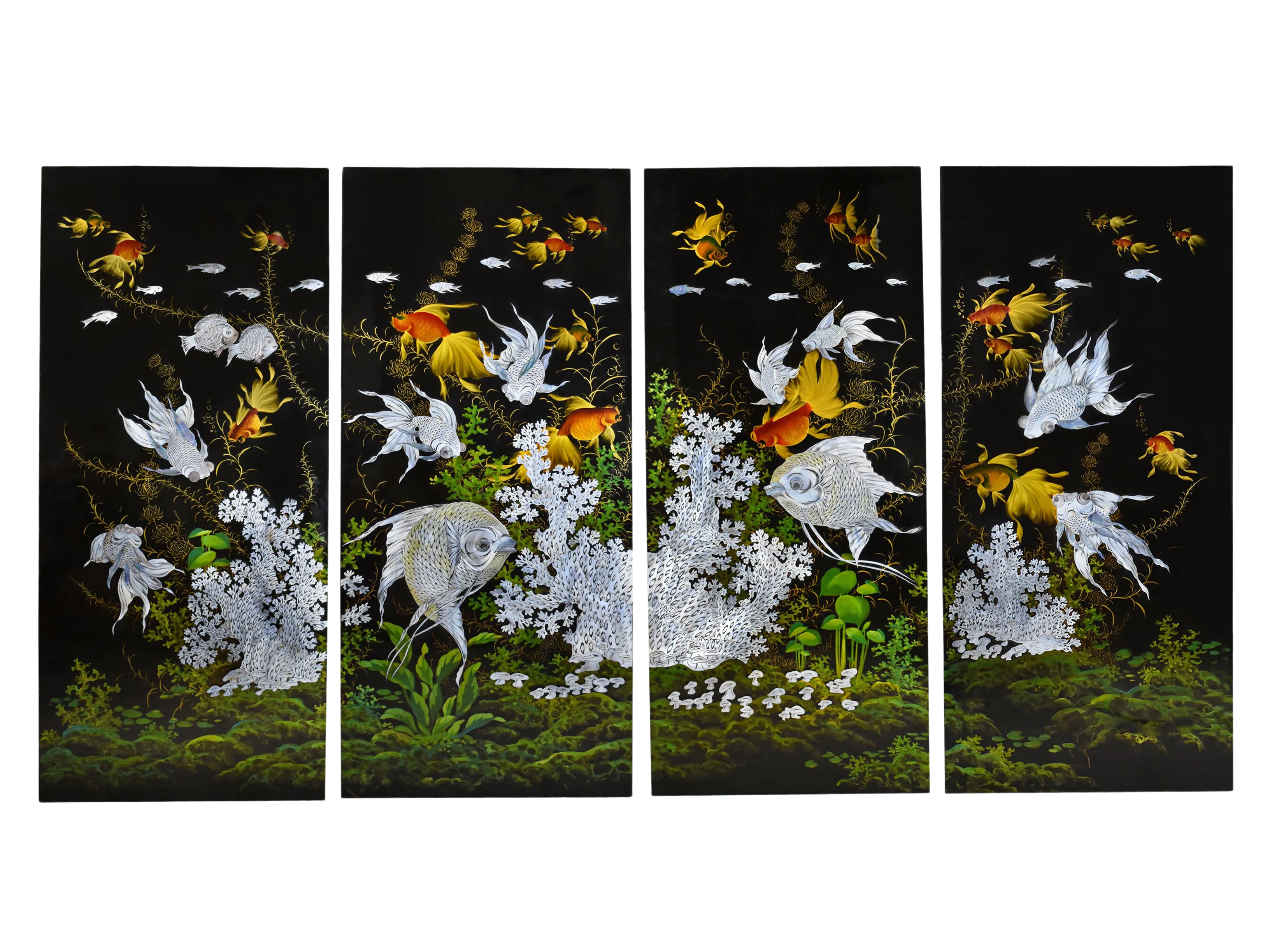 black lacquer box mop inlay koi fish Vintage Mid-Century Black Lacquer Hand-Painted Mother of Pearl Inlay Koi  Fish Wall Plaques