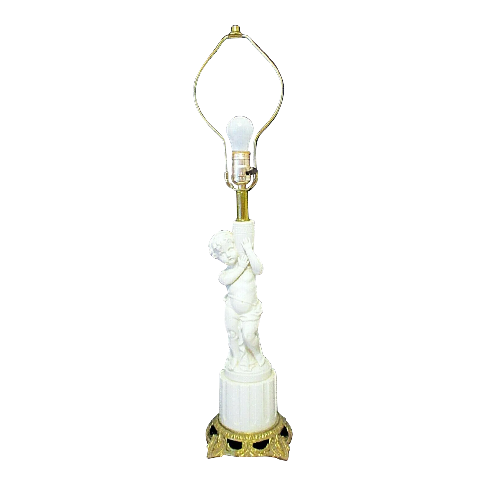 1950s Vintage White Bisque Porcelain Cherub on Column With Gilt Bronze