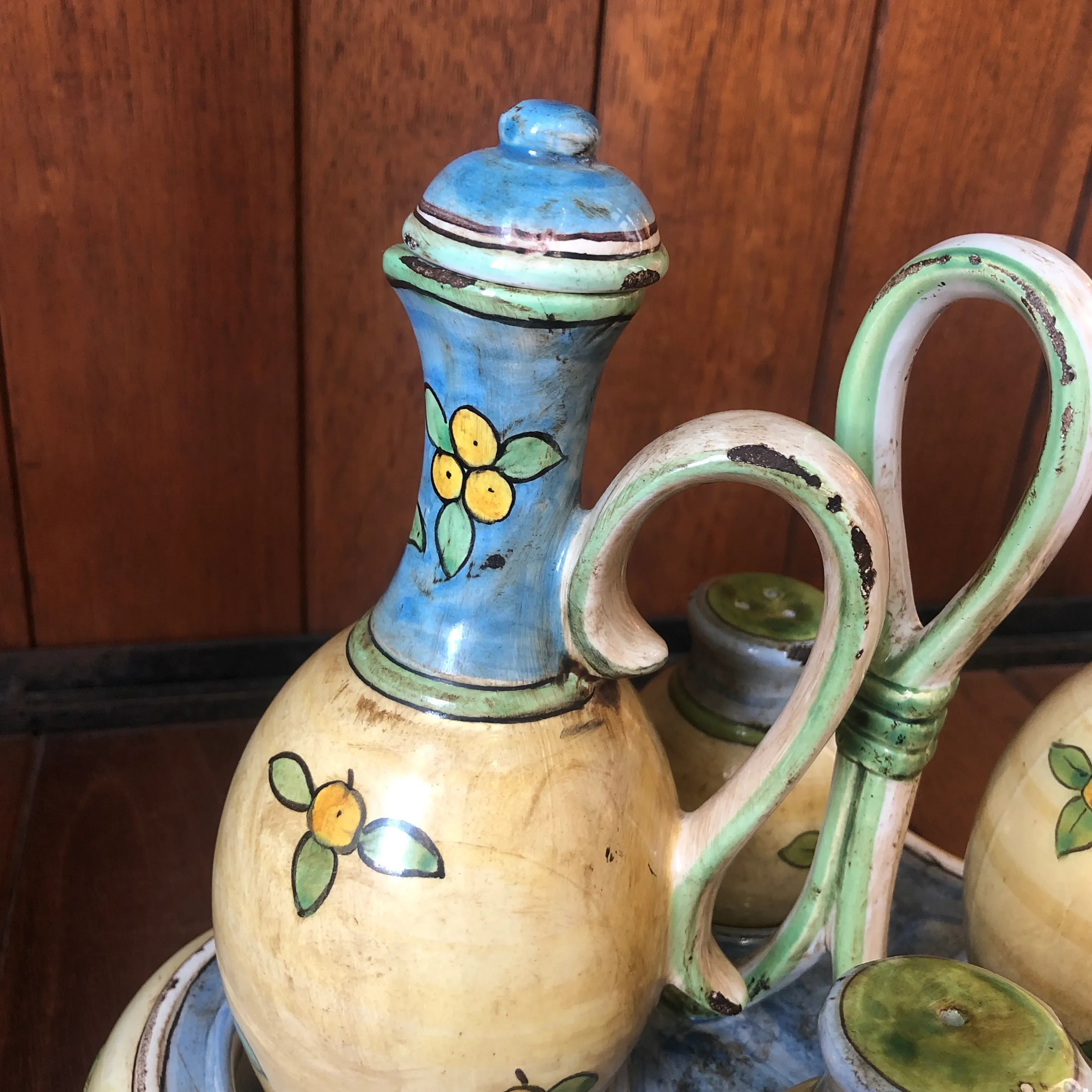 1990s Italian Hand Painted Ceramic Oil, Vinegar, Salt and Pepper Cestino