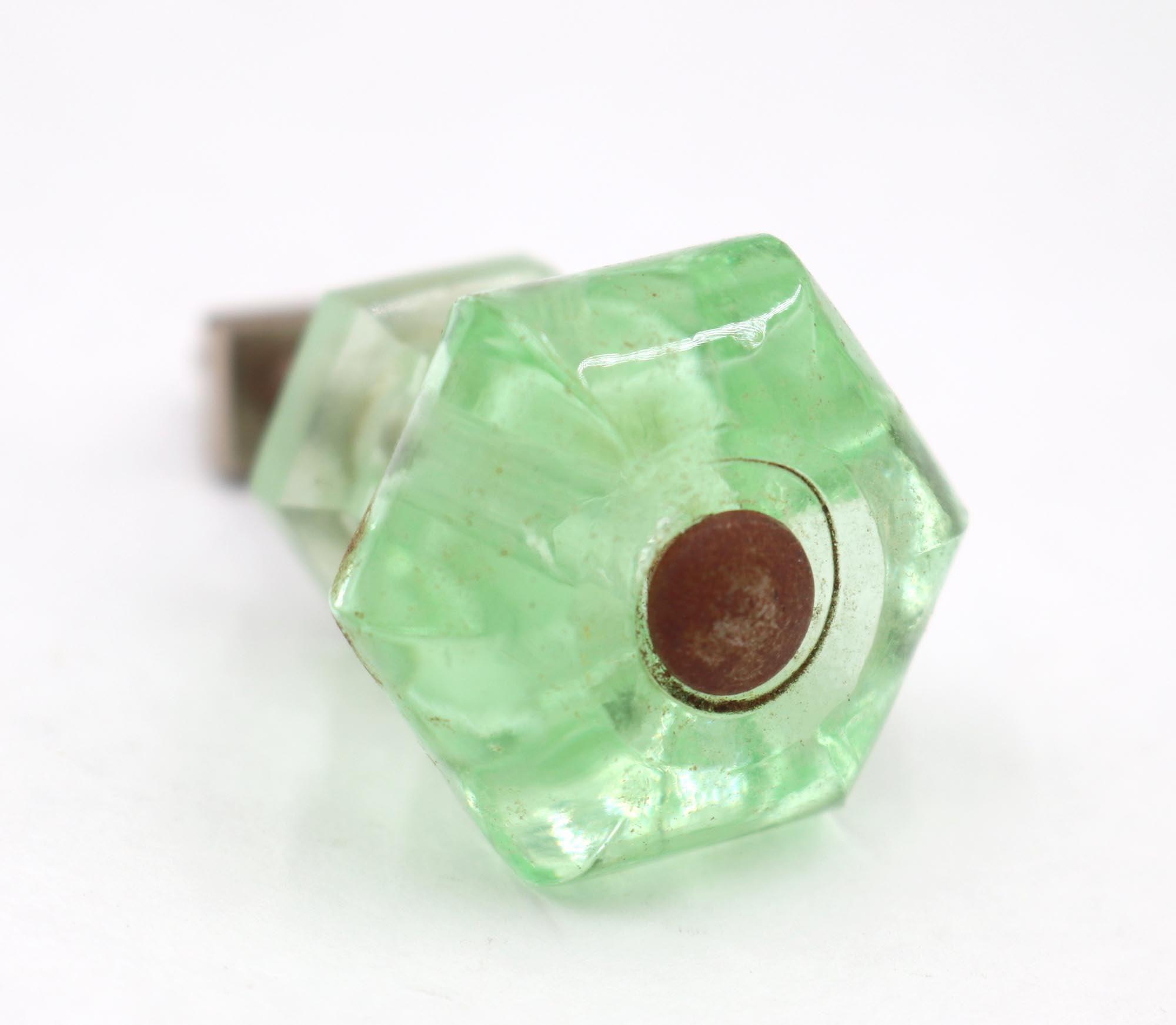 Pair of Vintage 1.25 In. Hexagon Green Glass Cabinet Knobs