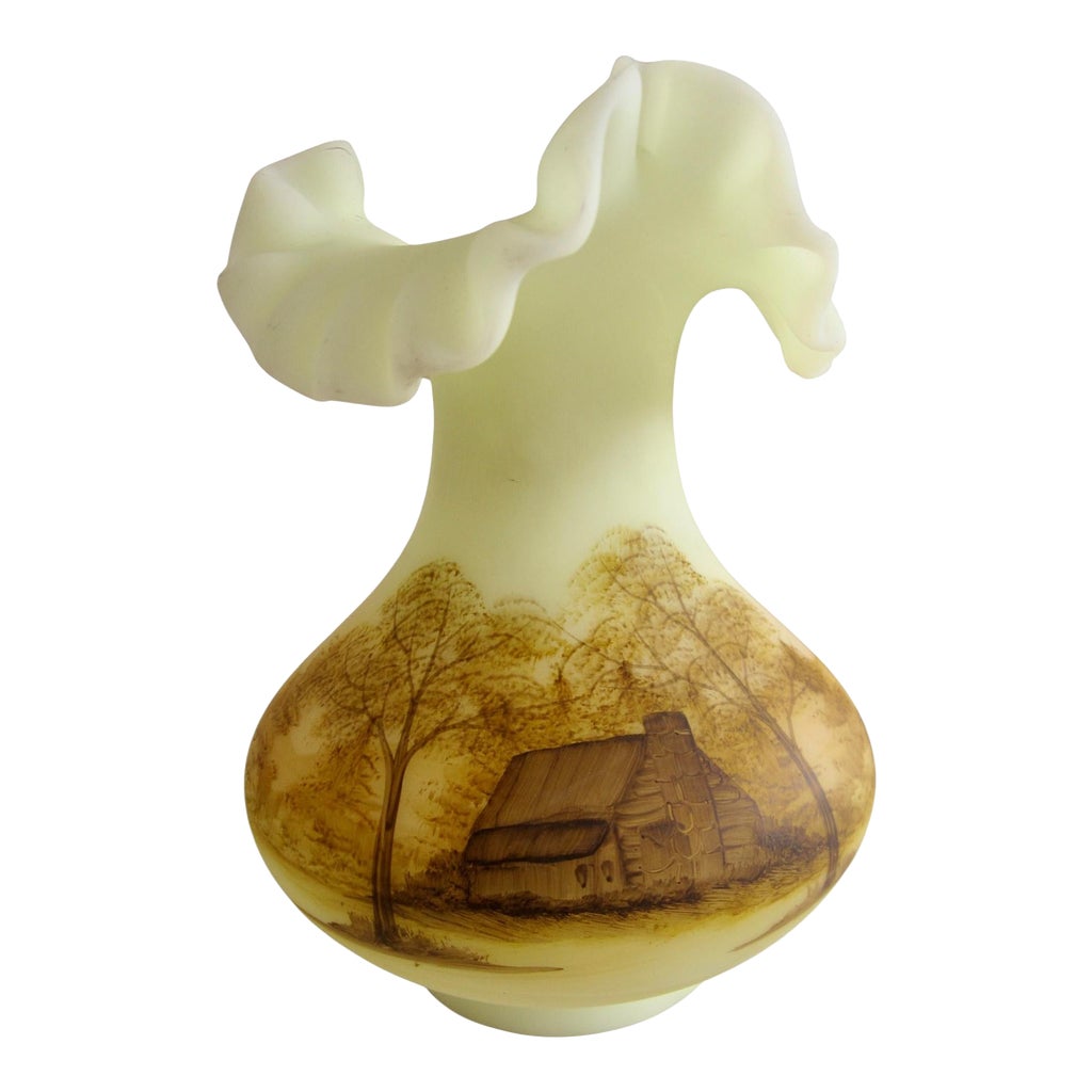 1970s Fenton Hand-Painted Satin Uranium Custard Glass Ruffled Vase