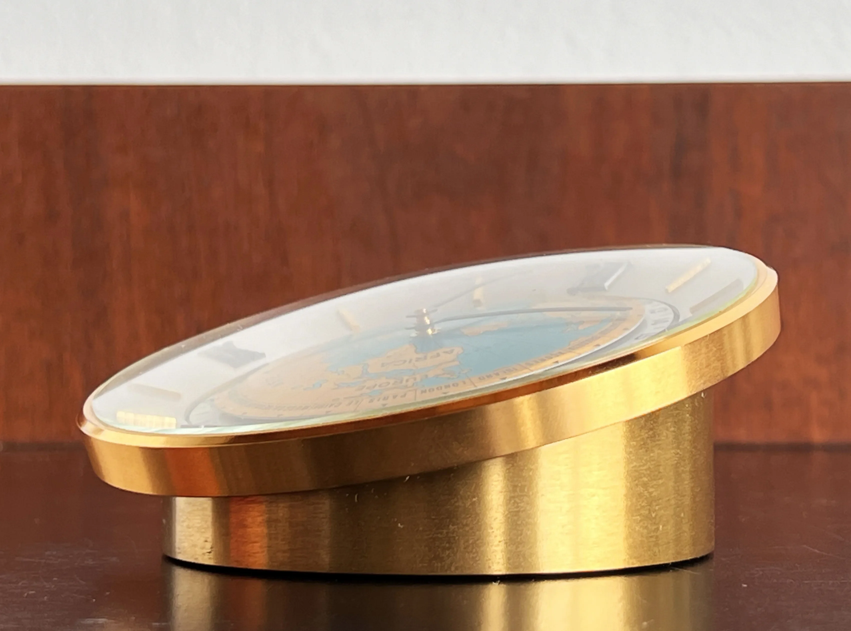 Vintage 1960's Imhof World Time 8 Day Desk Clock in Bronze W/ Box