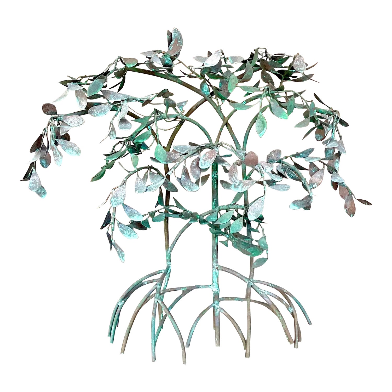 Vintage Boho Patinated Metal Mangrove Wall Sculpture