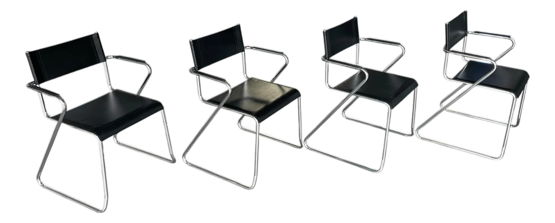 MCM Directors Chair Set in the Style of Marcel Breuer, Leather and Chrome Dining Chairs, Bauhaus Style