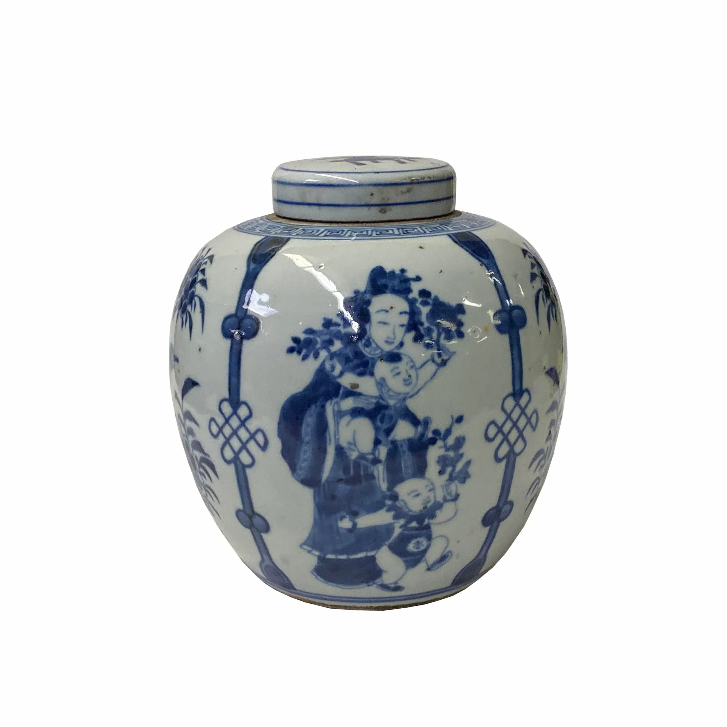 Hand-Paint Family Graphic Blue White Porcelain Ginger Jar
