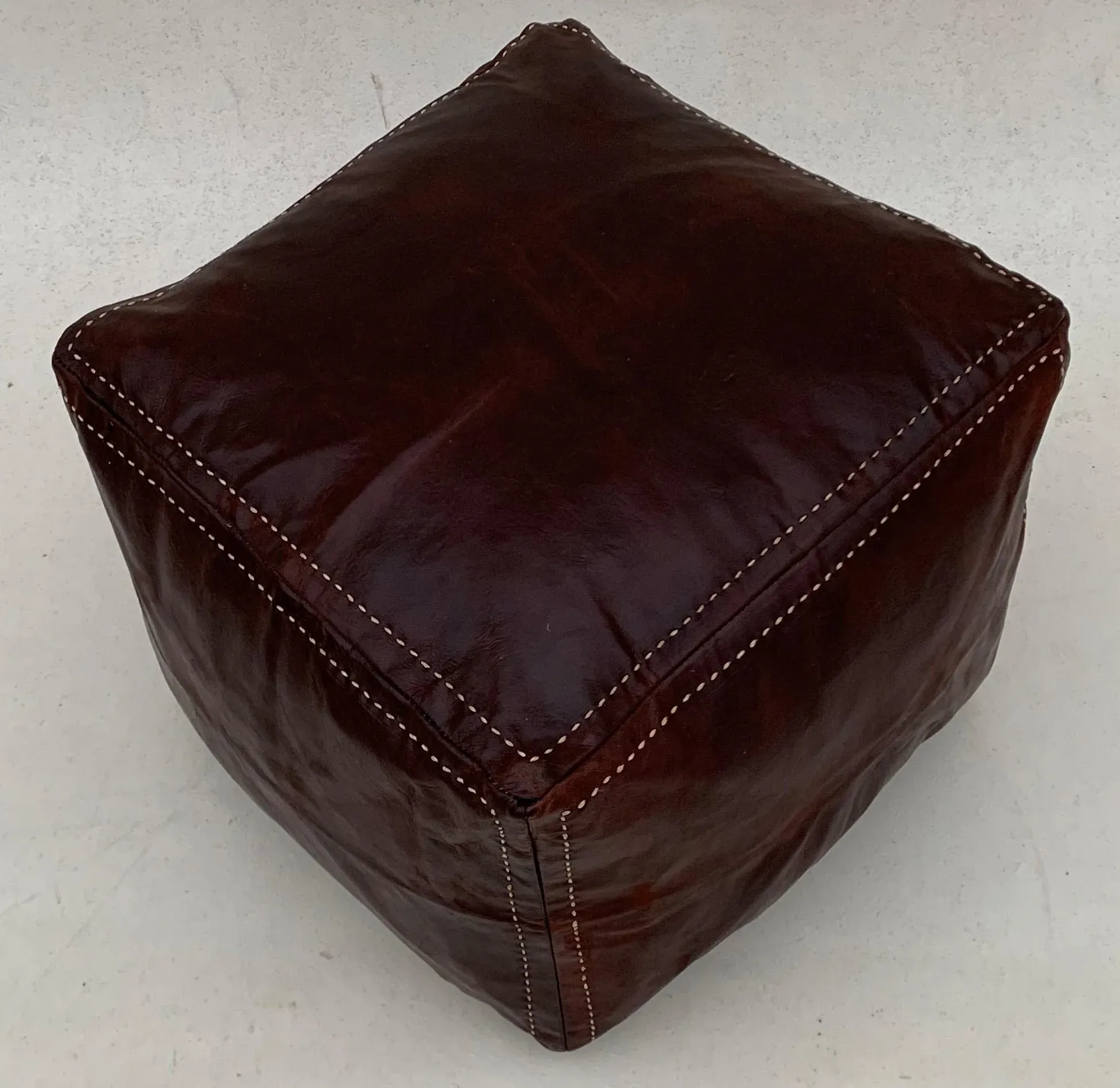 Square Brown Oxblood Red Embroided Moroccan Leather Pouf Cover