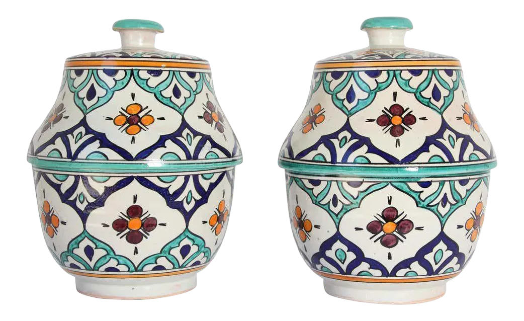 Moorish Ceramic Glazed Covered Urns Handcrafted in Fez Morocco - A Pair