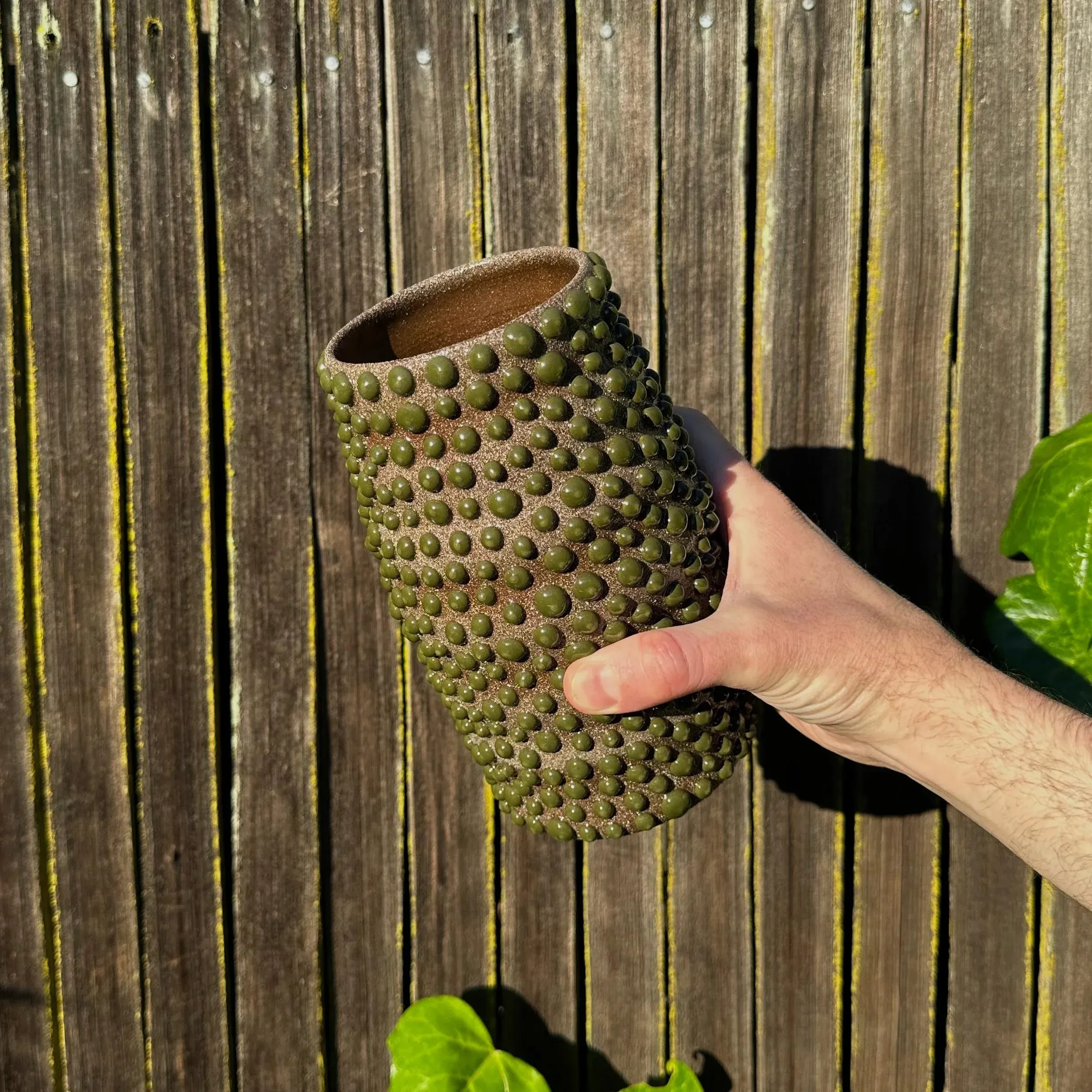 Brown Clay Amoeba Matte Glazed Vase With Shiny Jade Dots