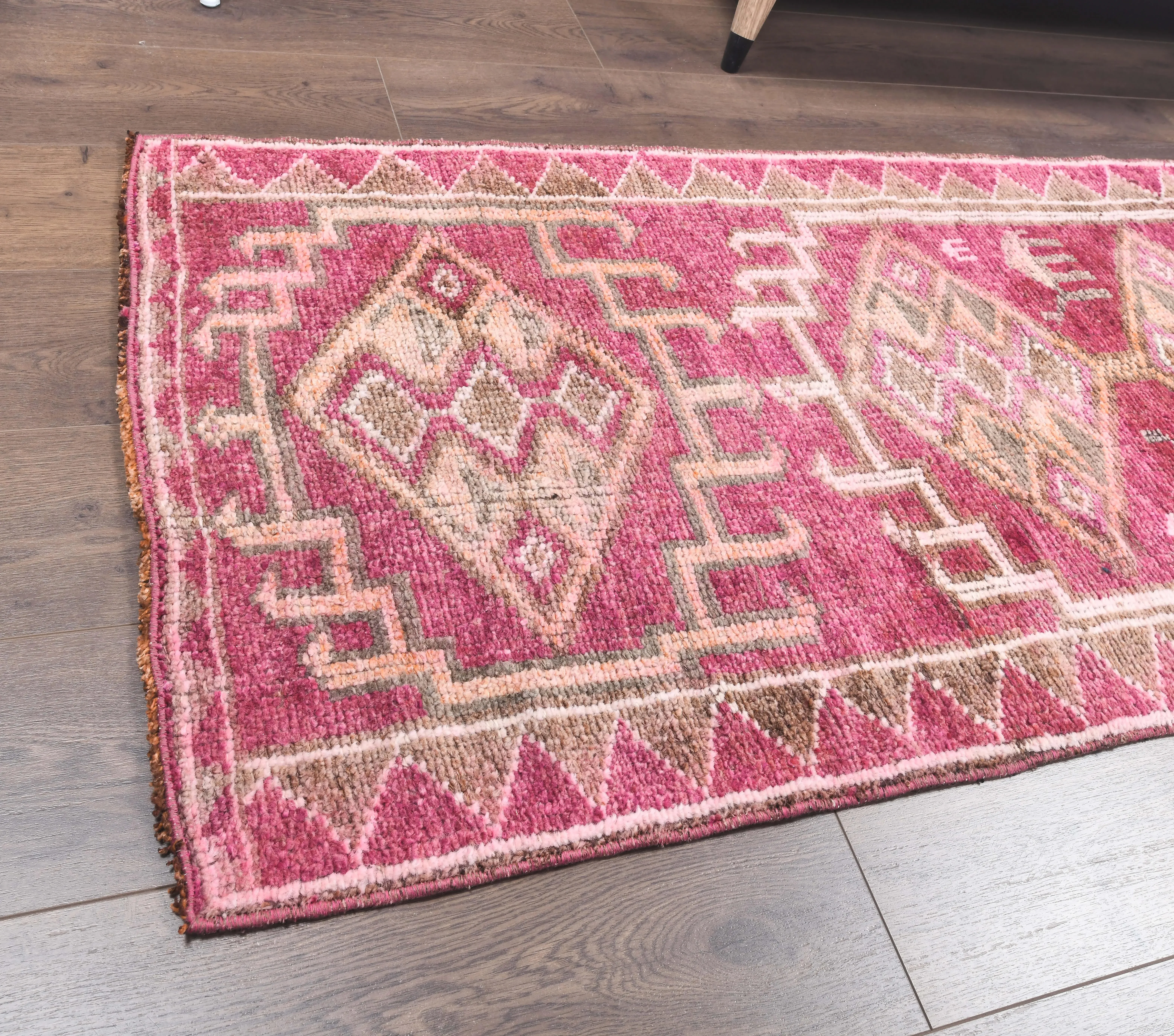 Vintage Pink Geometric Turkish Hand-Knotted Runner