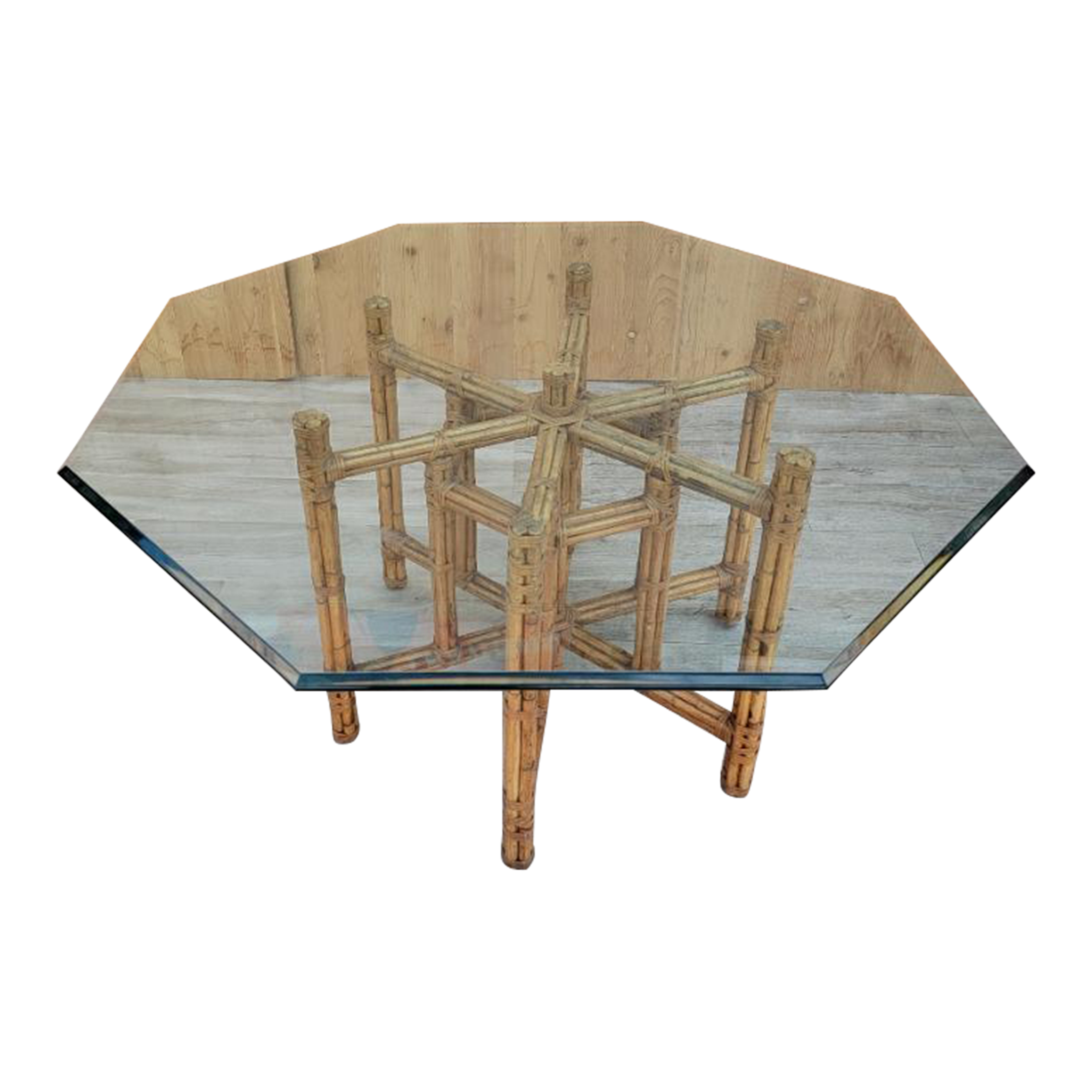 Vintage Coastal McGuire Rattan and Bamboo Octagon Glass Top Dining