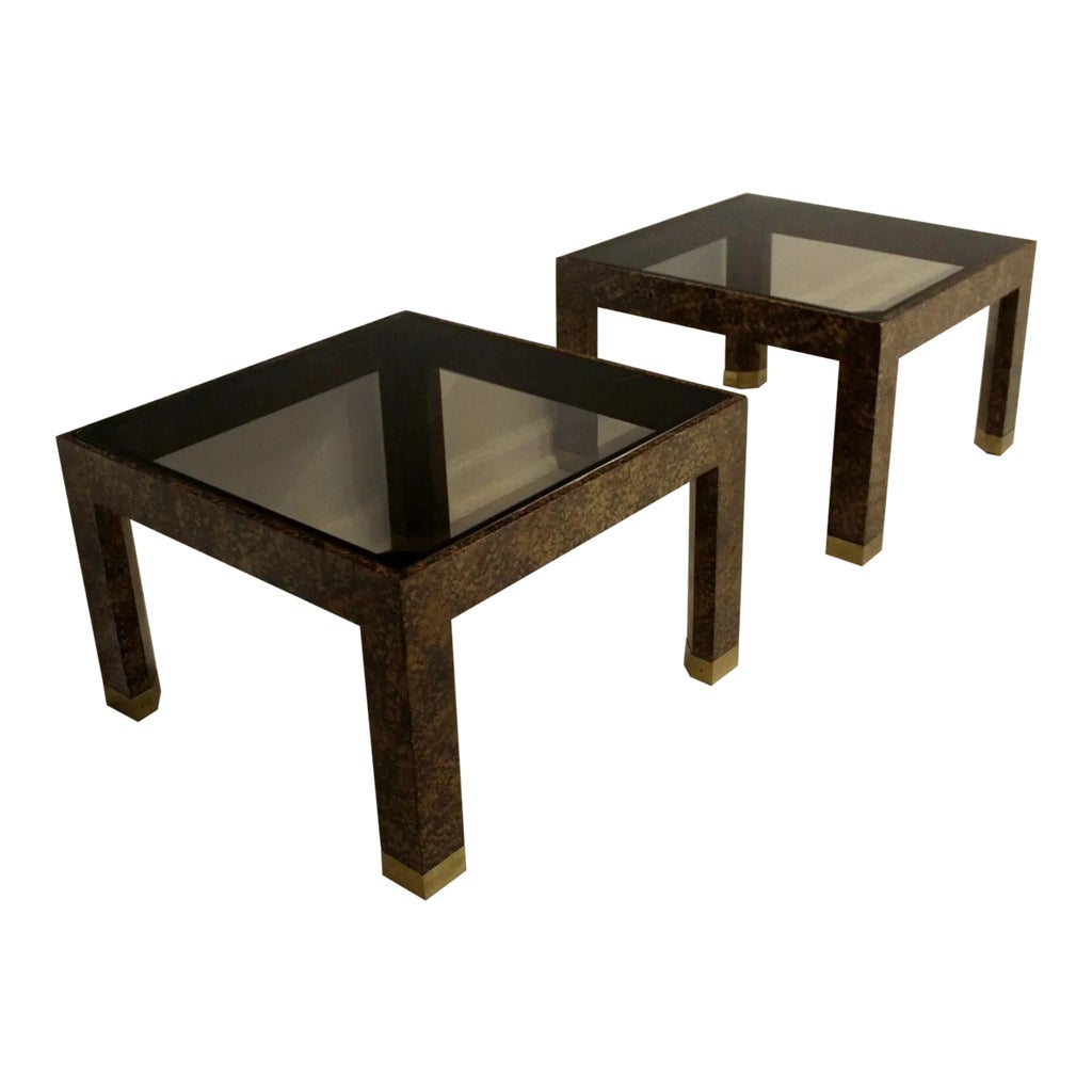 Henredon Faux Tortoise Shell Smoked Glass Pair of End Tables With Brass ...