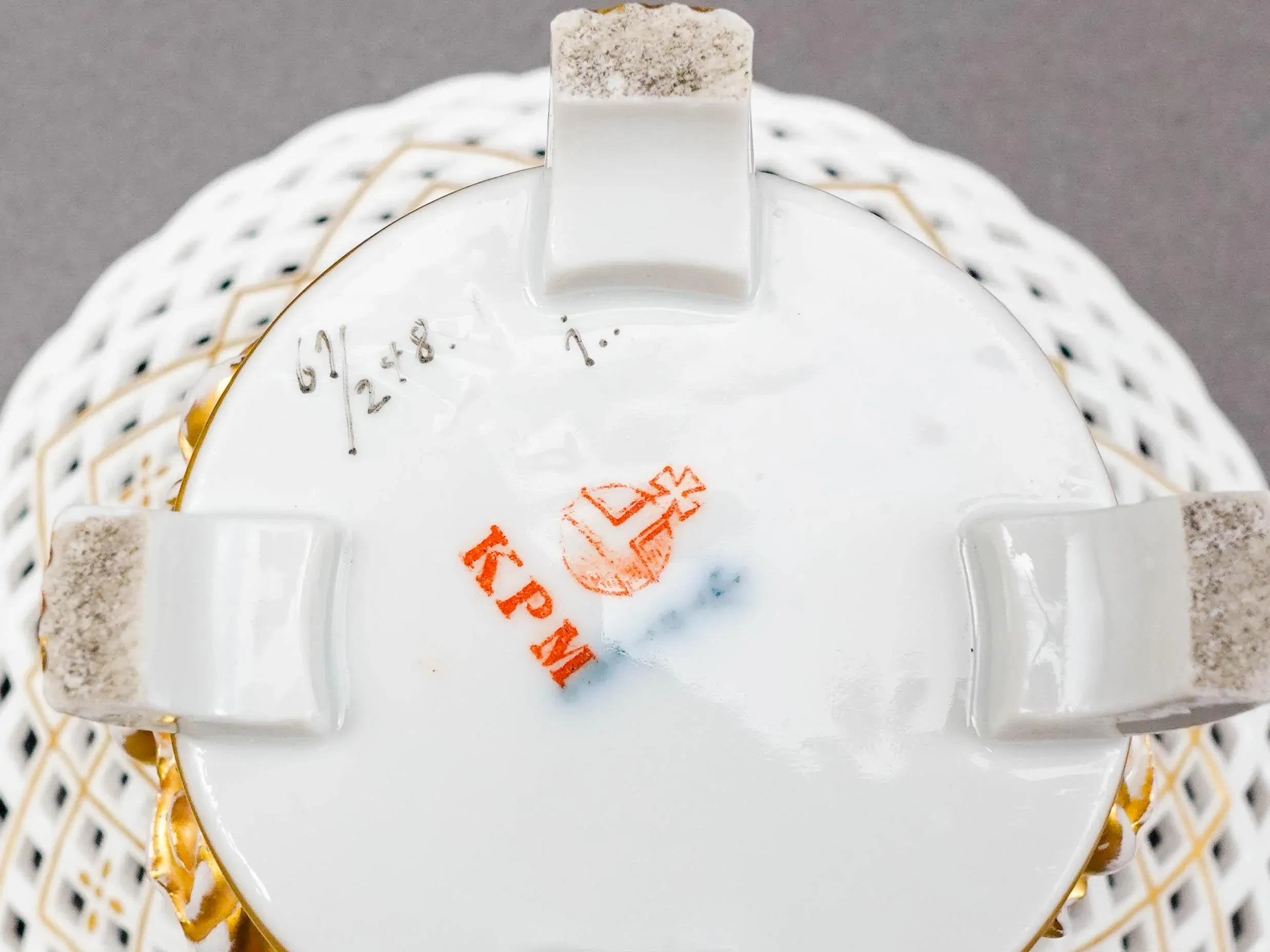 Vintage KPM White Gold Floral Porcelain Reticulated Basket Compote Pedestal Bowl