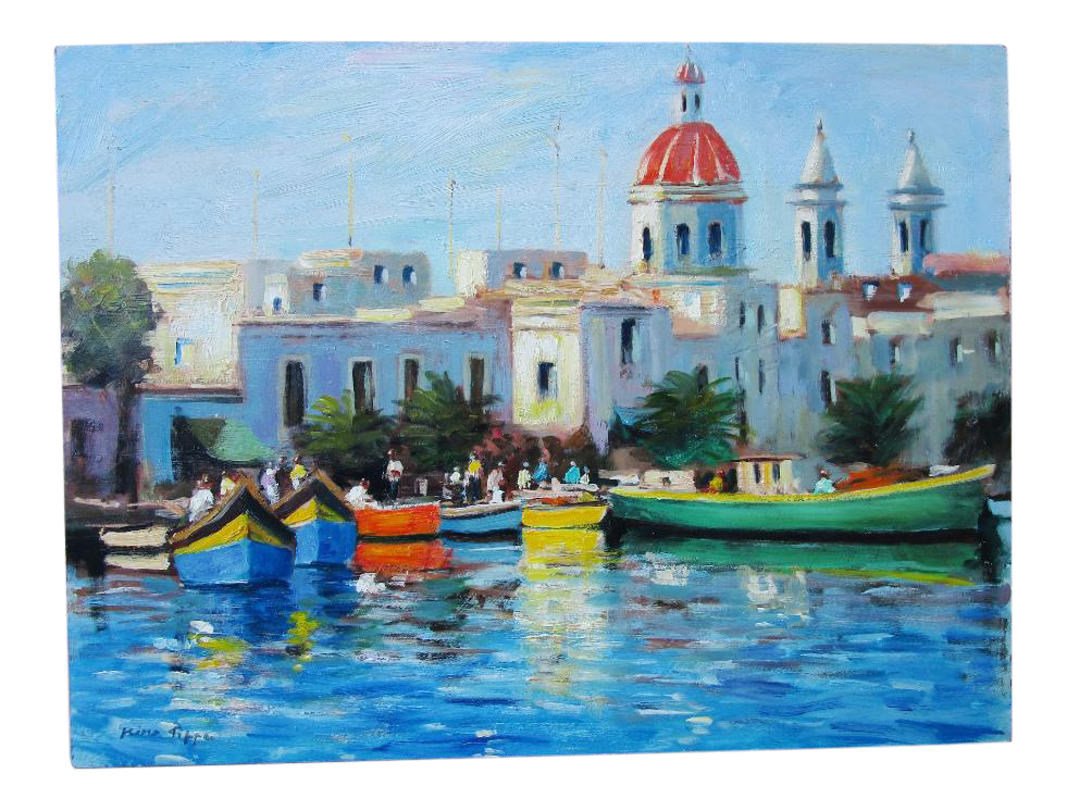 Fishing Village Malta 1990s Nino Pippa Oil Painting On Board 18 X 24 Chairish