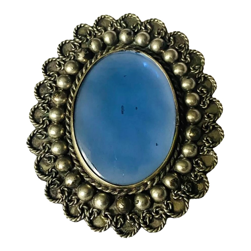 1960s Vintage Mexico Alpaca Silver Color Large Blue Oval Pendant 