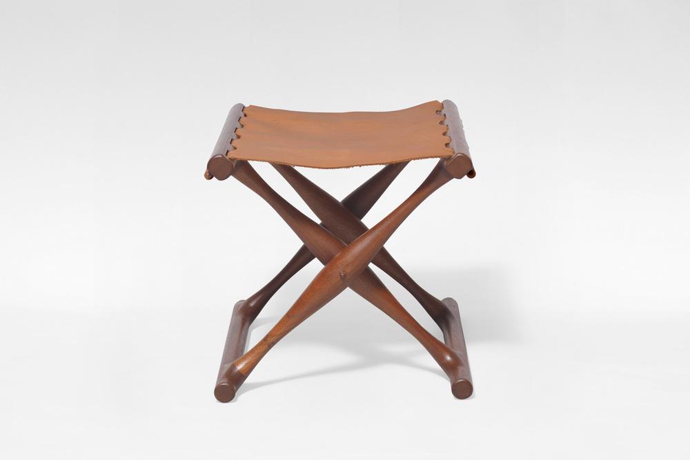 uldhøj Folding Stool in Cognac Leather and Brown Wood by Poul Hundevad for Hundevad & Co, 1950s