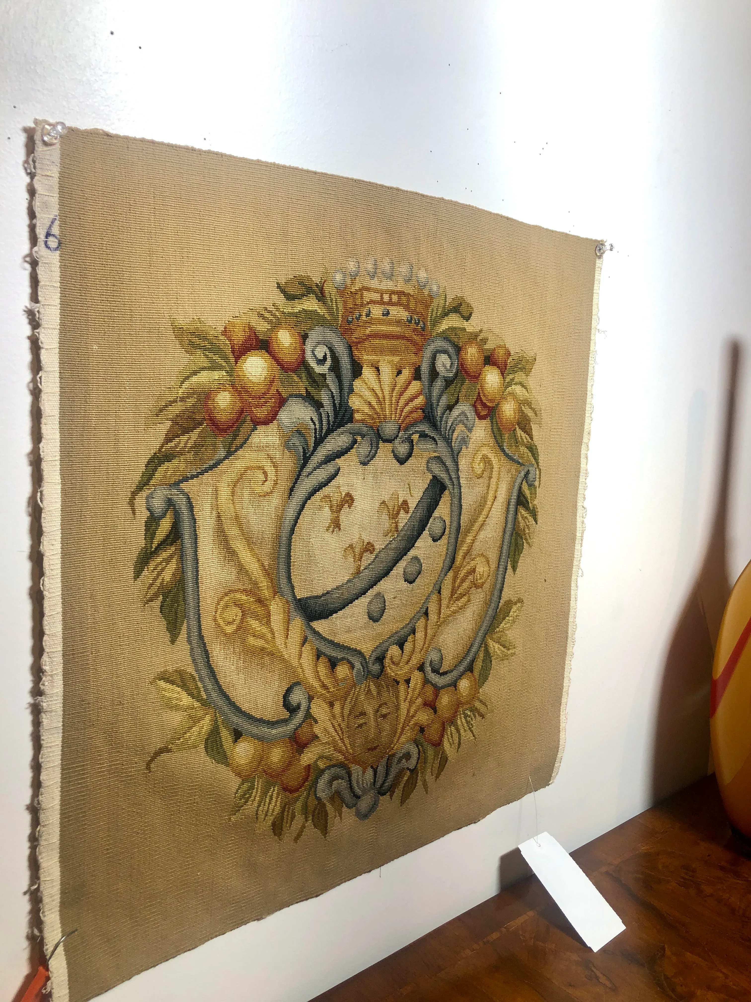 Hand Woven Wool Tapestry Fragment With Embellished Crest Design in Tones of Soft Blue, Sand and Butterscotch