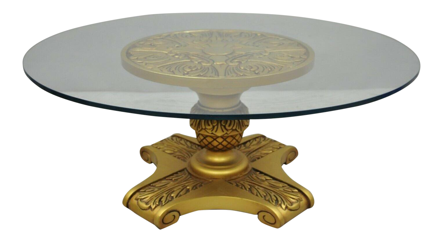 Hollywood Regency Gold Pedestal Base Glass Top Coffee Table Chairish
