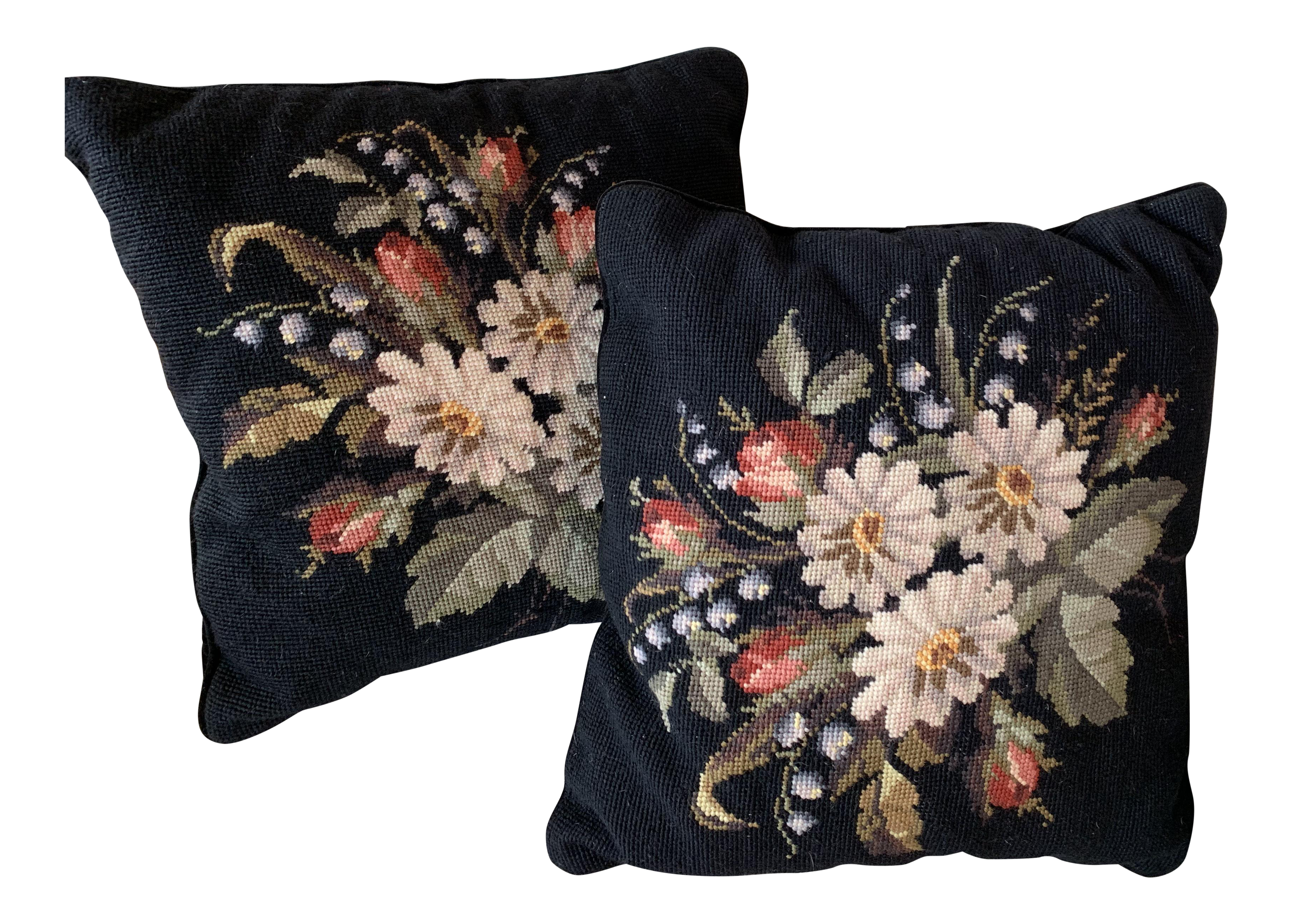 1980s Vintage Crate Barrel Floral Needlepoint Pillows A Pair