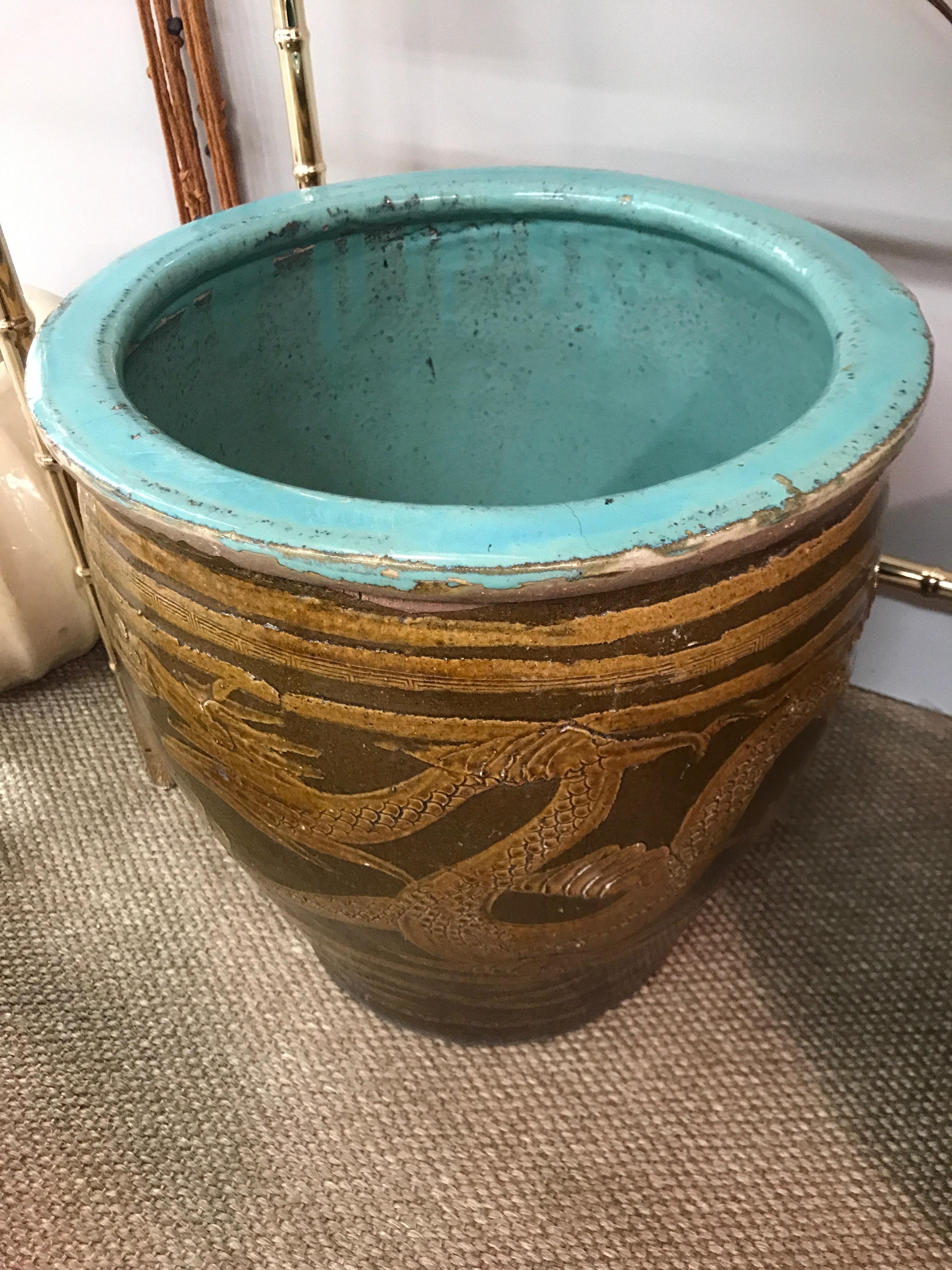 Large Chinese Clay Dragon Egg Pot Planter With Turquoise Inside