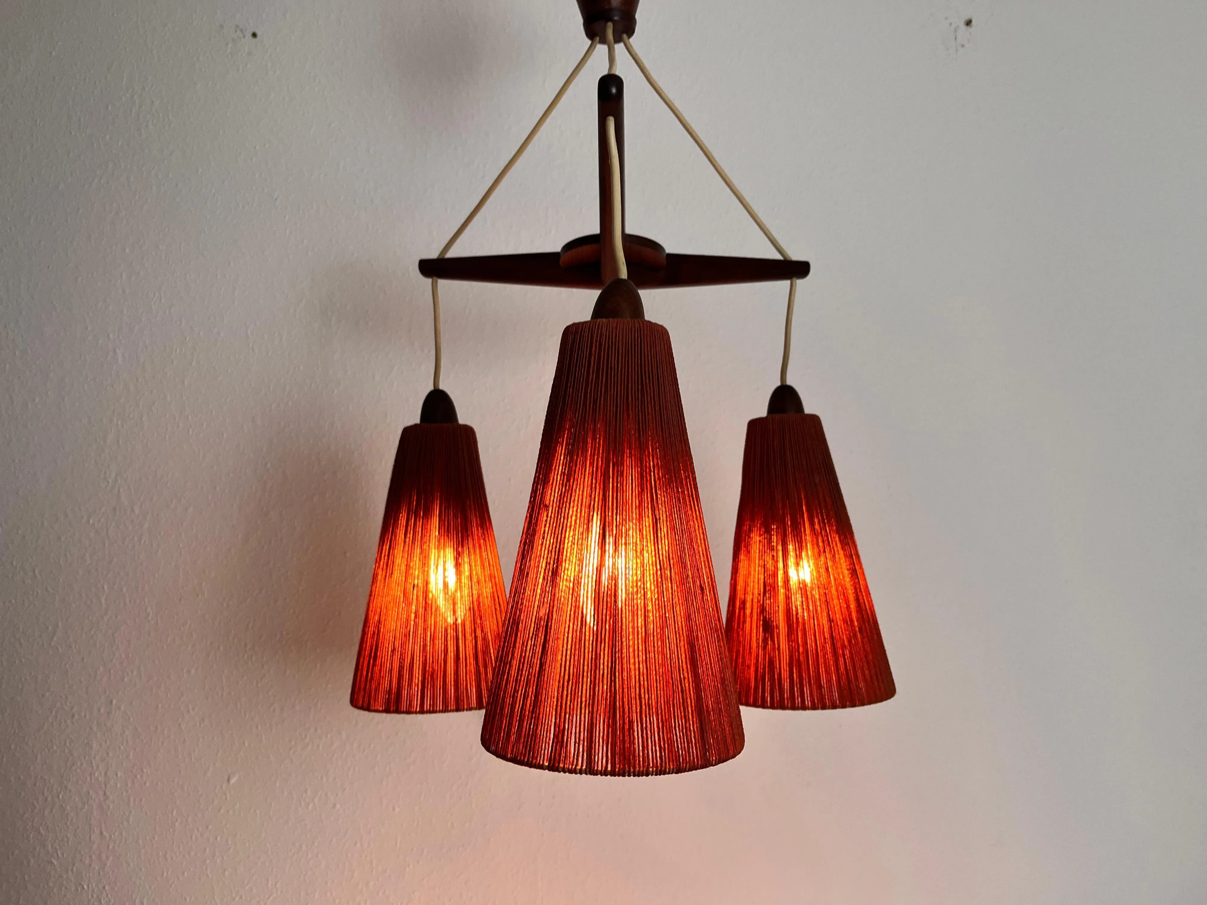 Midcentury Teak and Cord Shade Hanging Lamp by Temde, circa 1960