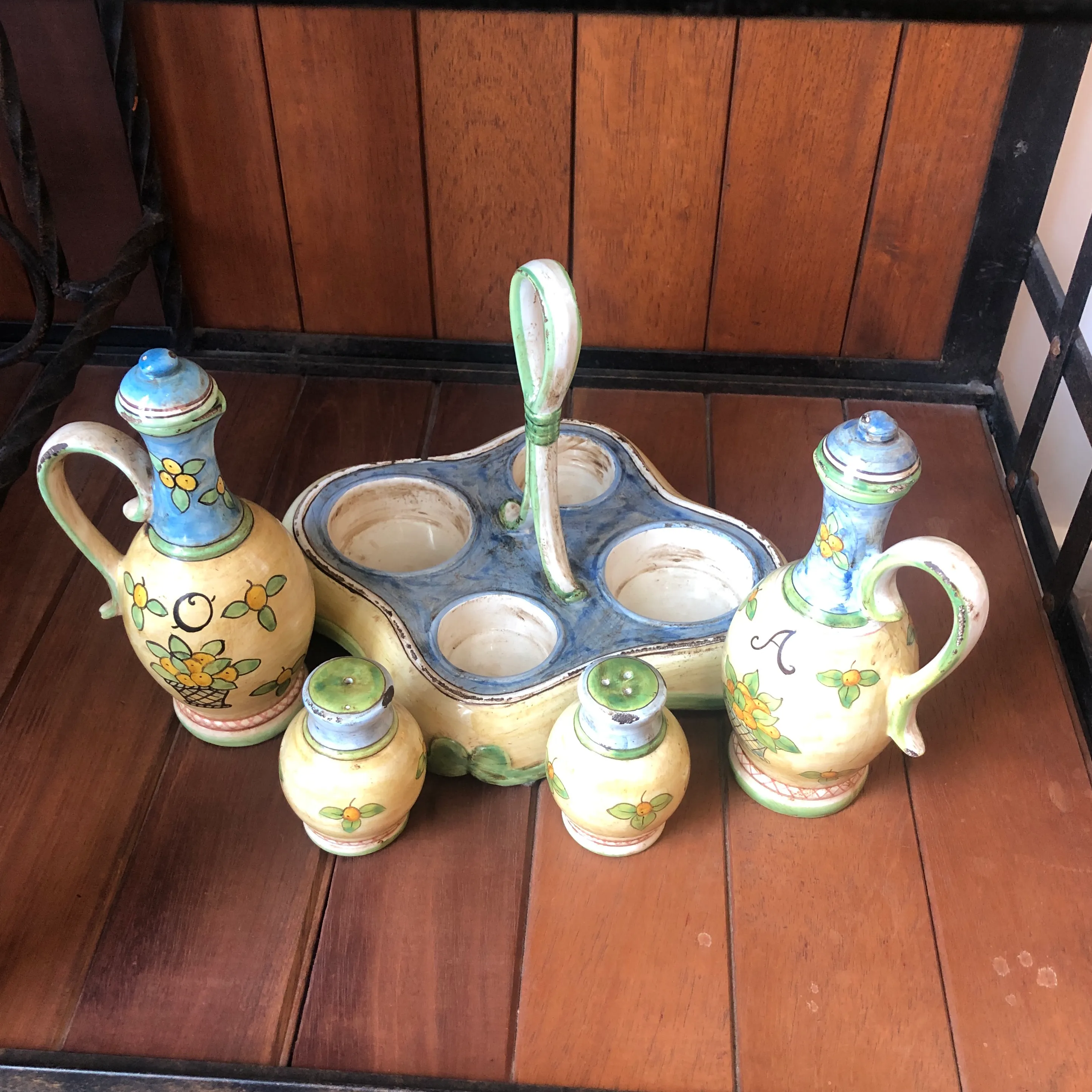 1990s Italian Hand Painted Ceramic Oil, Vinegar, Salt and Pepper Cestino