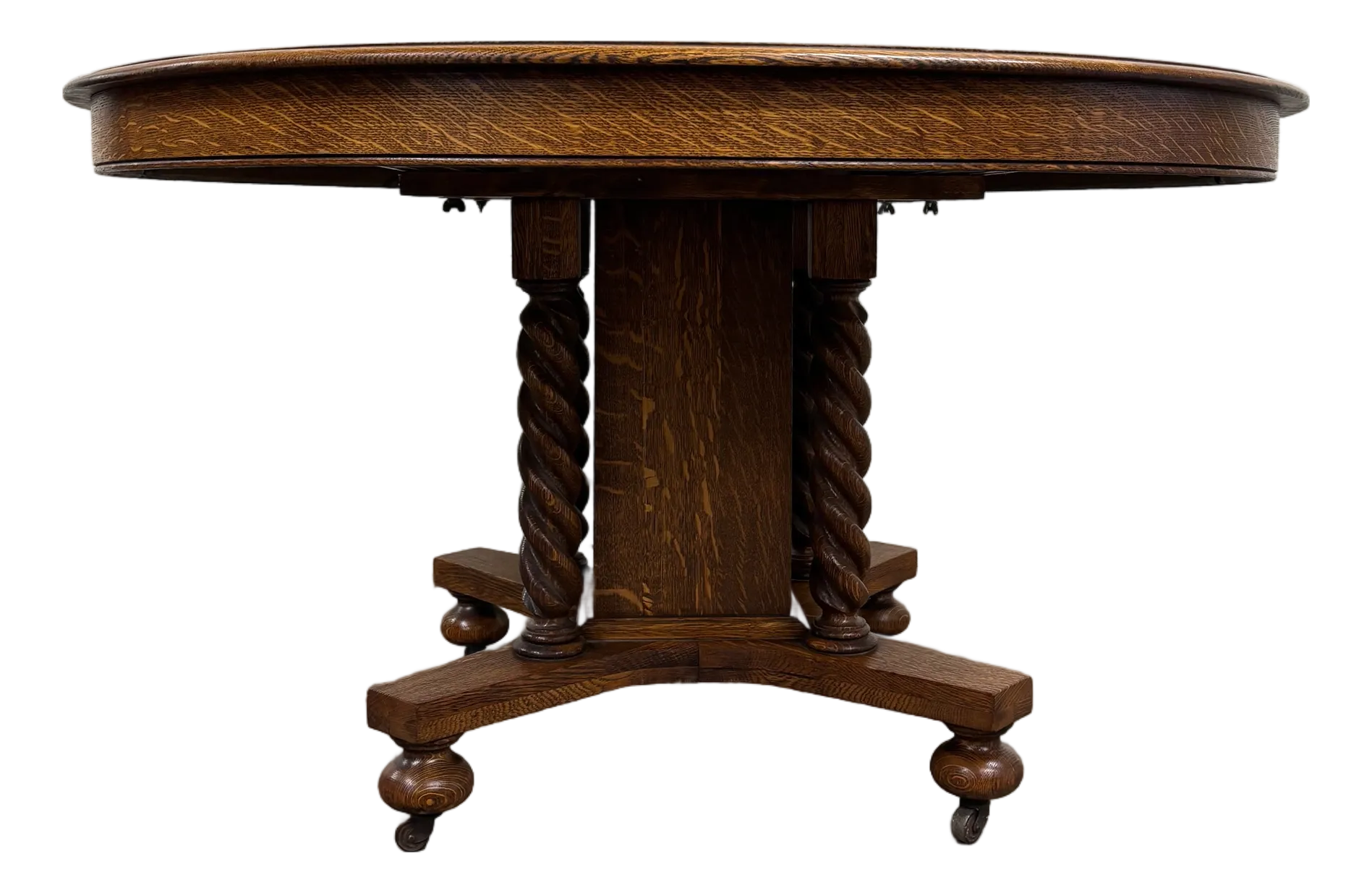 Antique Jacobean Revival Quarter Sawn Oak Tiger Oak Barley Twist Dining Table