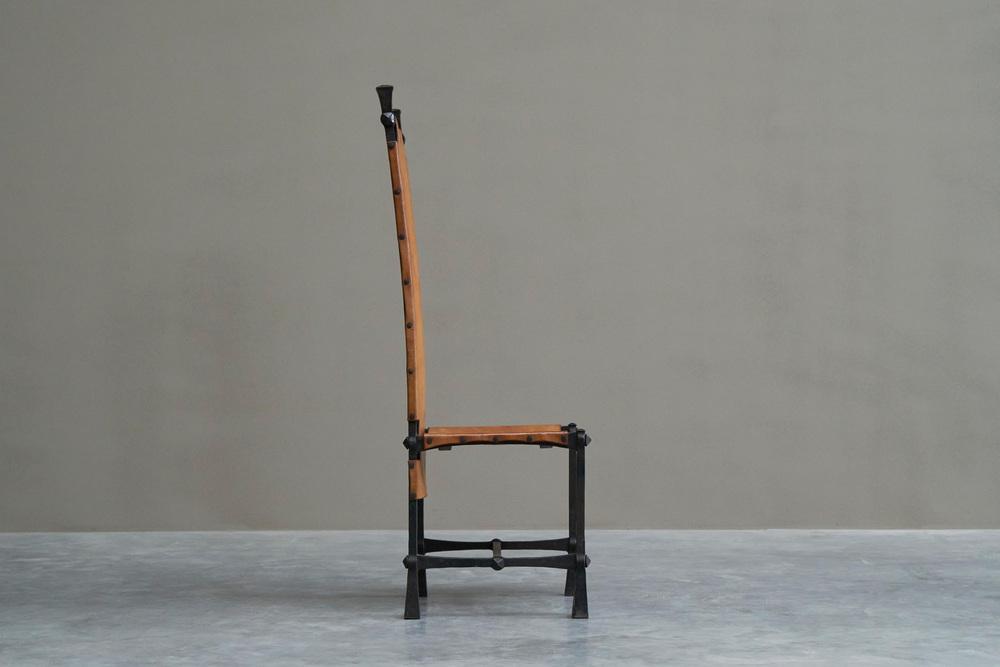 Vintage Brutalist High Back Chair in Wrought Iron and Patinated Cognac Leather, 1950s