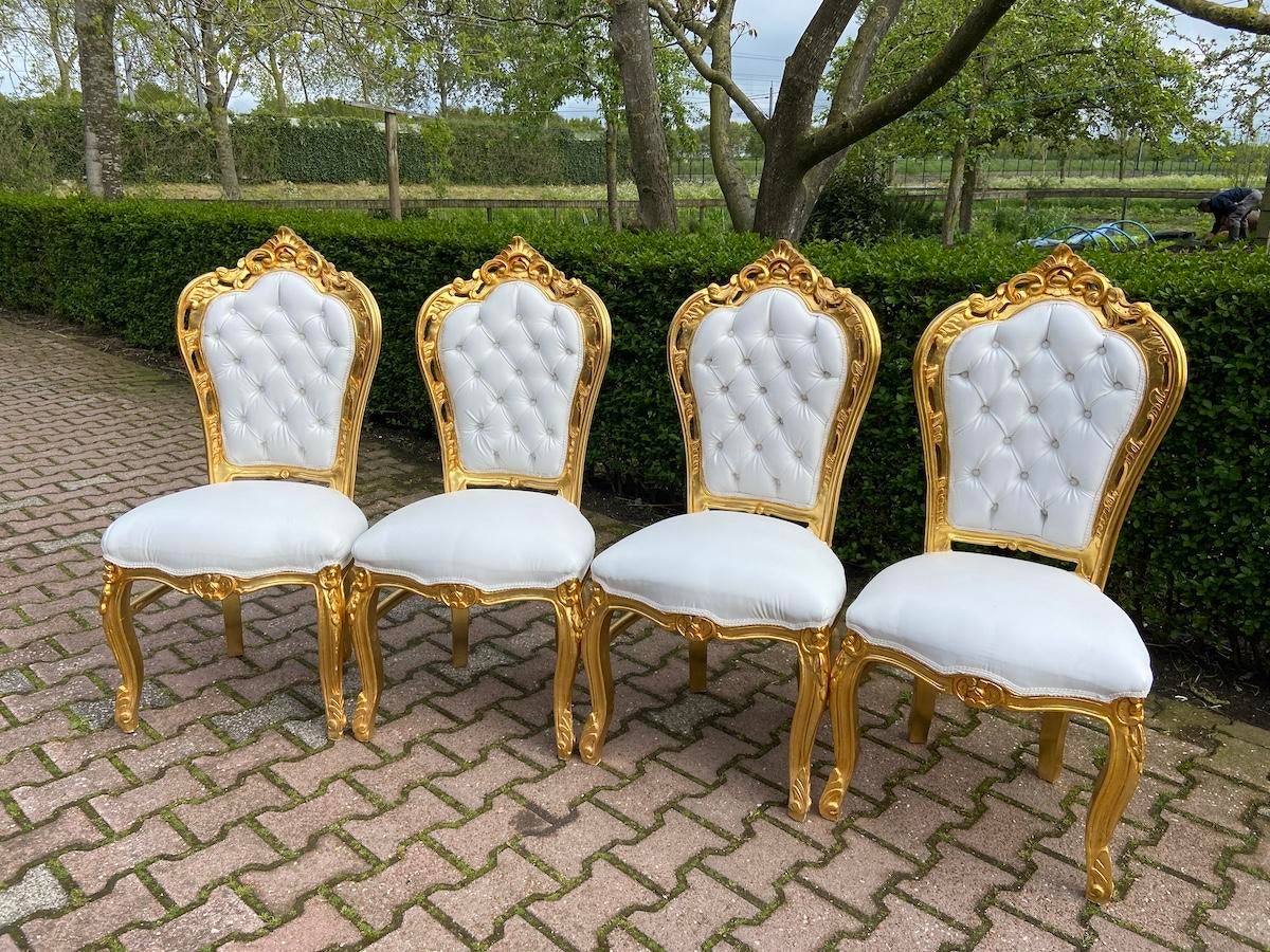 1990's Italian Baroque Arm Dining Chairs in Gold Leaf Beech and  White